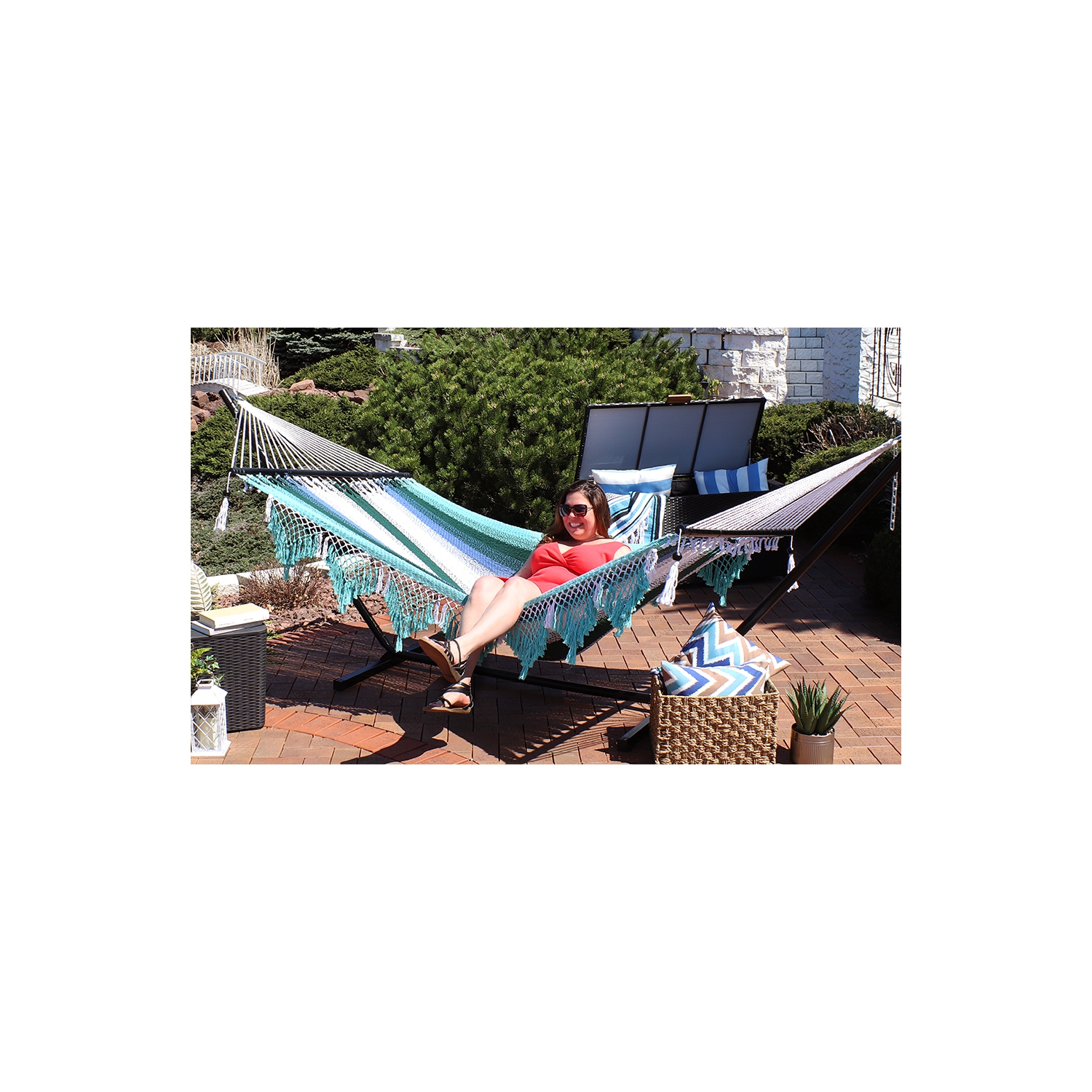 Sunnydaze Large Woven Hammock with Spreader Bar and Fringe - Lagoon Stripes
