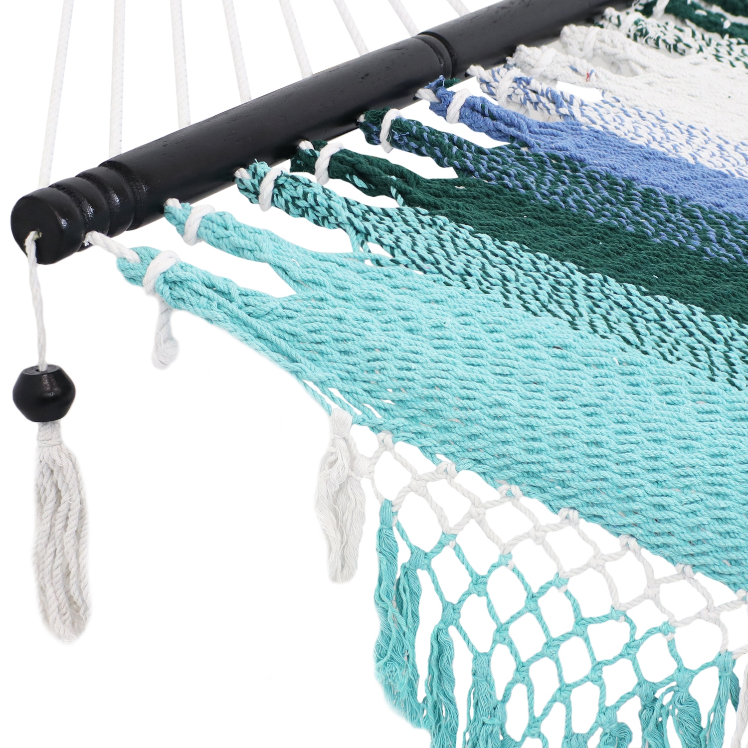 Sunnydaze Large Woven Hammock with Spreader Bar and Fringe - Lagoon Stripes