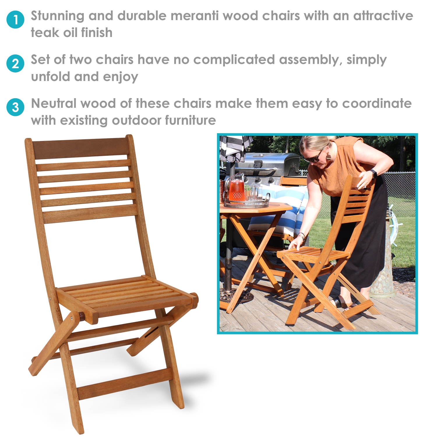 Sunnydaze Meranti Wood Folding Patio Dining Chair - Set of 2