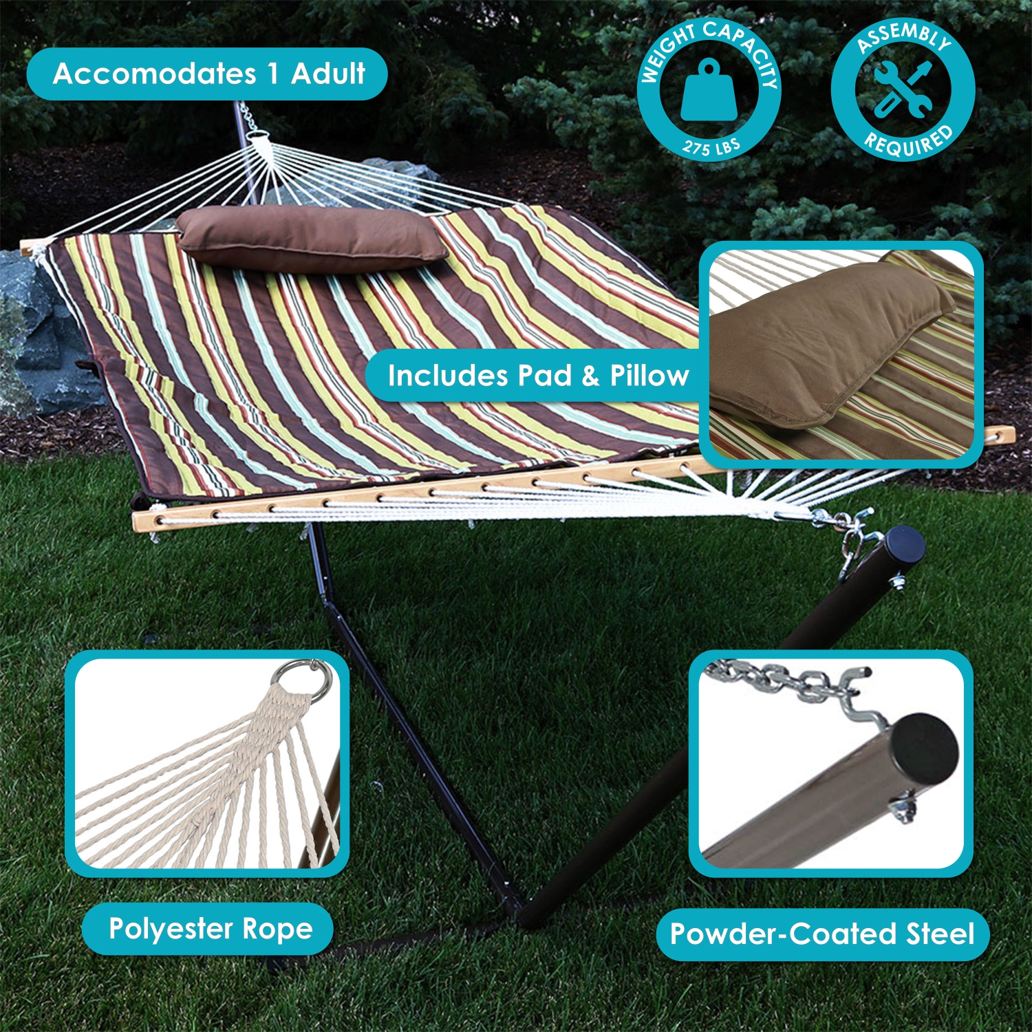 Sunnydaze 2-Person Rope Hammock with Steel Stand and Pad/Pillow - Desert