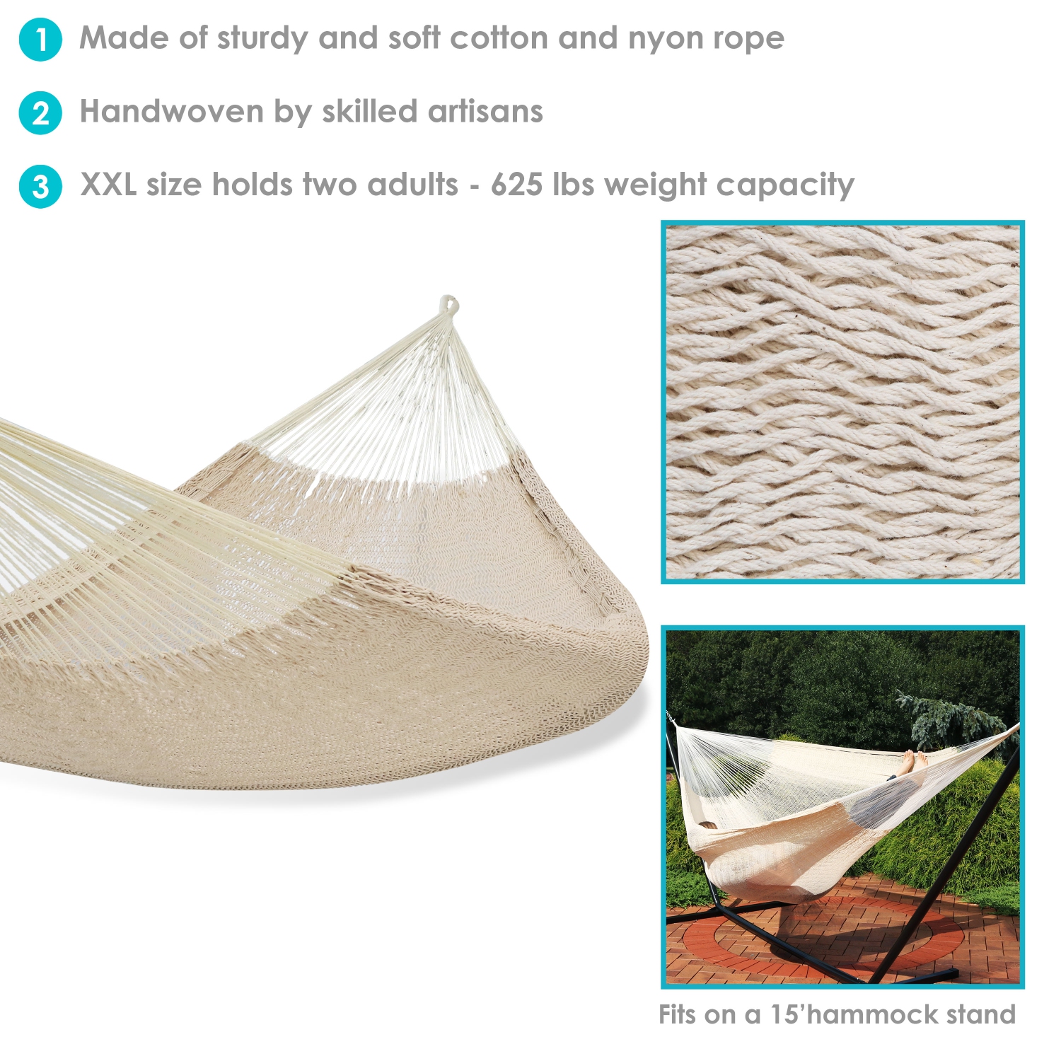Sunnydaze 2-Person Cotton and Nylon Woven Fabric Hammock - Natural