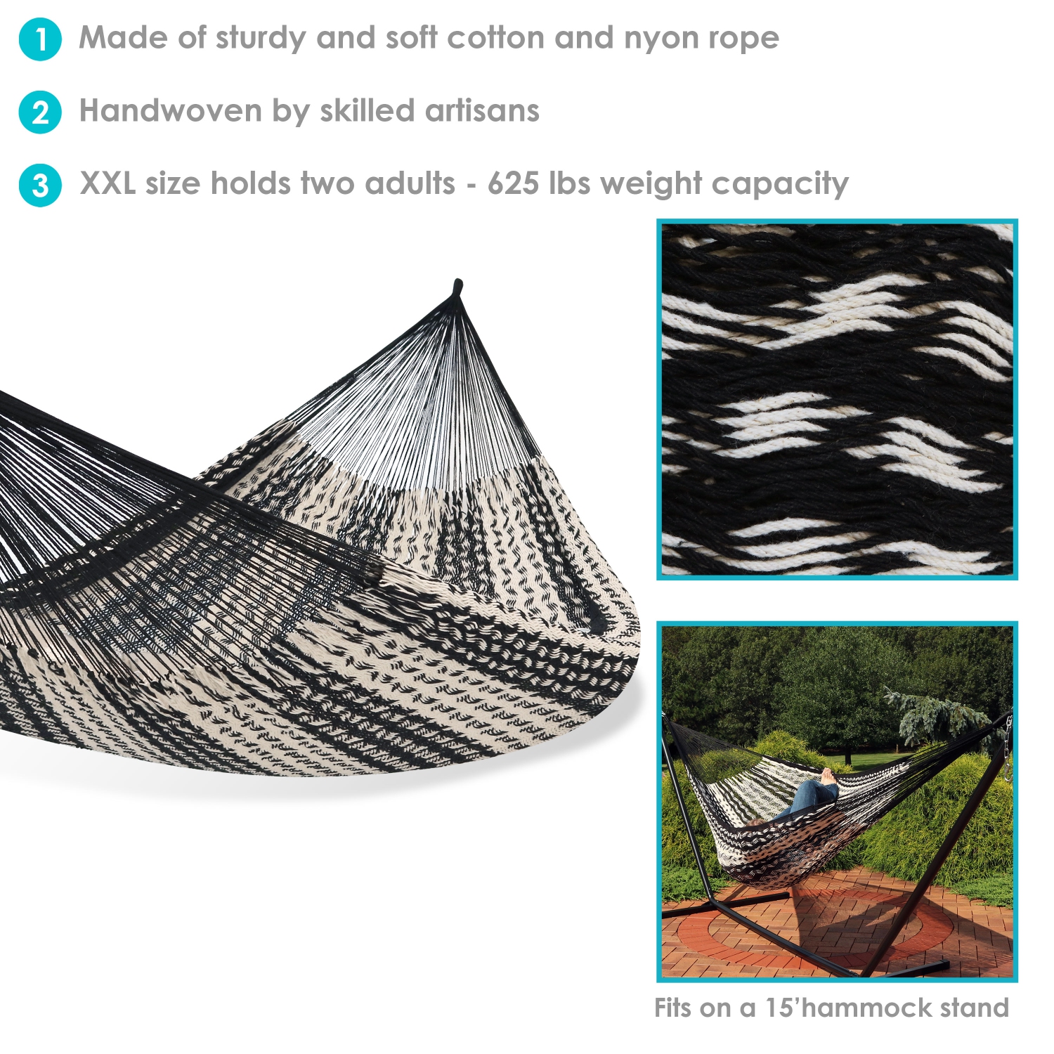 Sunnydaze 2-Person Cotton and Nylon Woven Fabric Hammock - Black and White