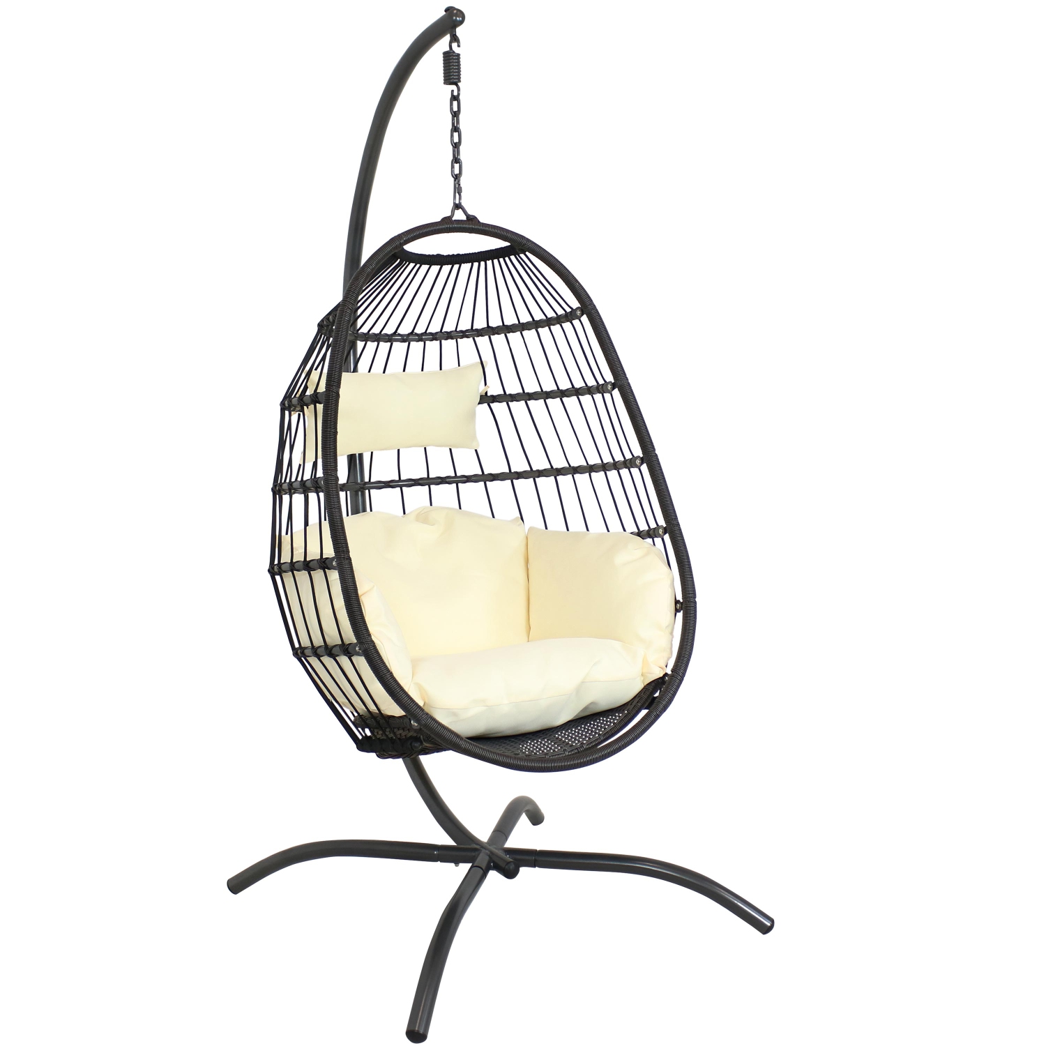 Sunnydaze Resin Wicker Hanging Egg Chair with Steel Stand/Cushions - Cream