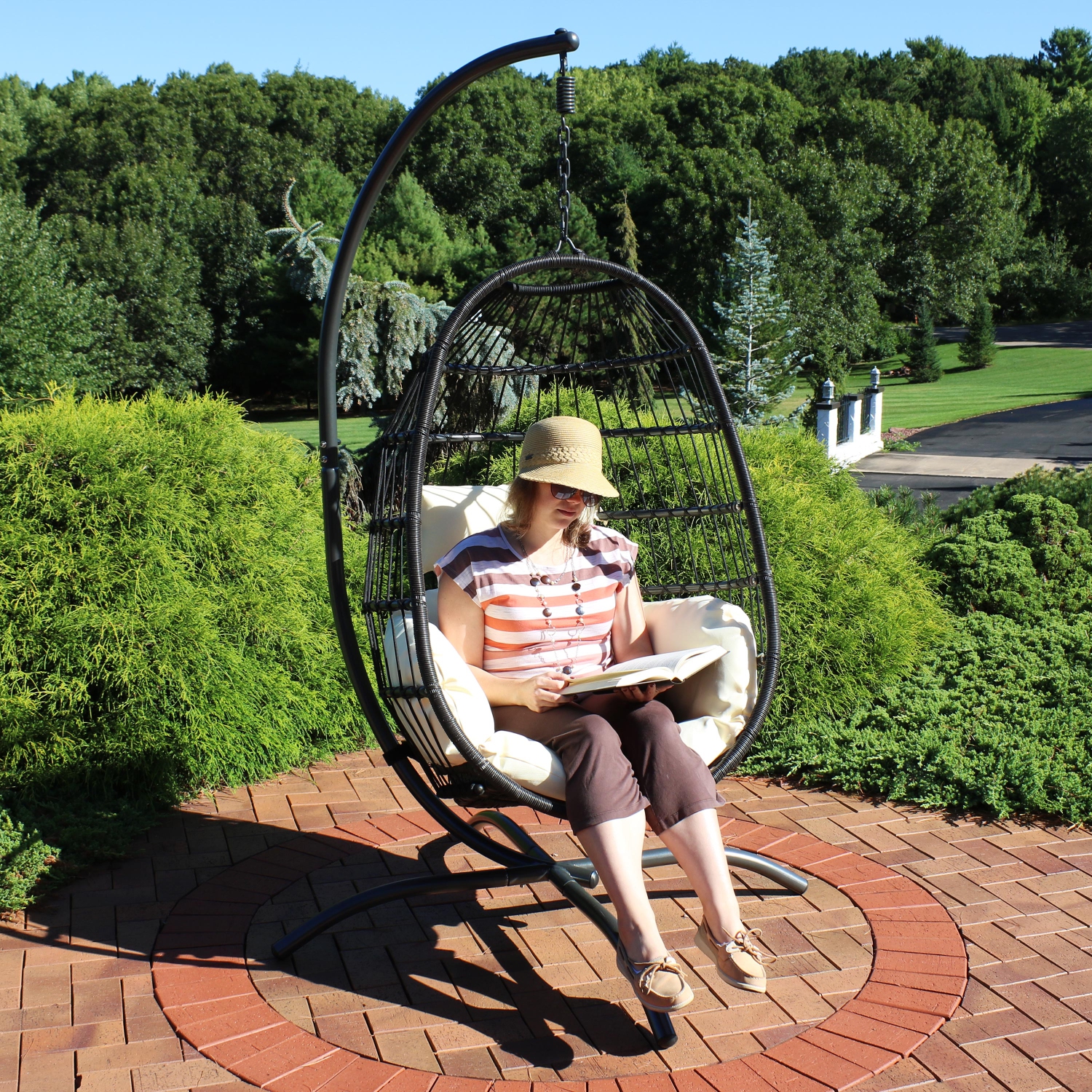 Sunnydaze Resin Wicker Hanging Egg Chair with Steel Stand/Cushions - Cream