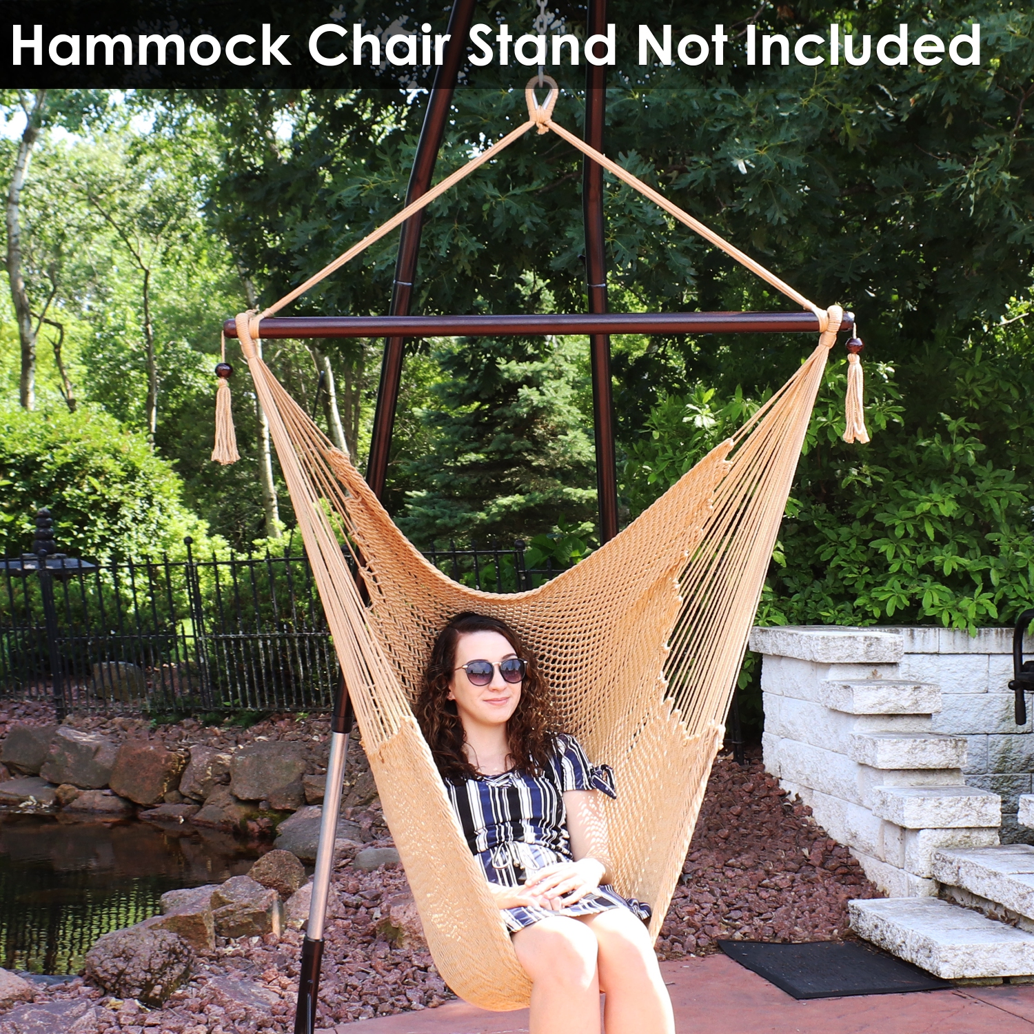 Sunnydaze Extra Large Polyester Rope Hammock Chair and Spreader Bar - Tan