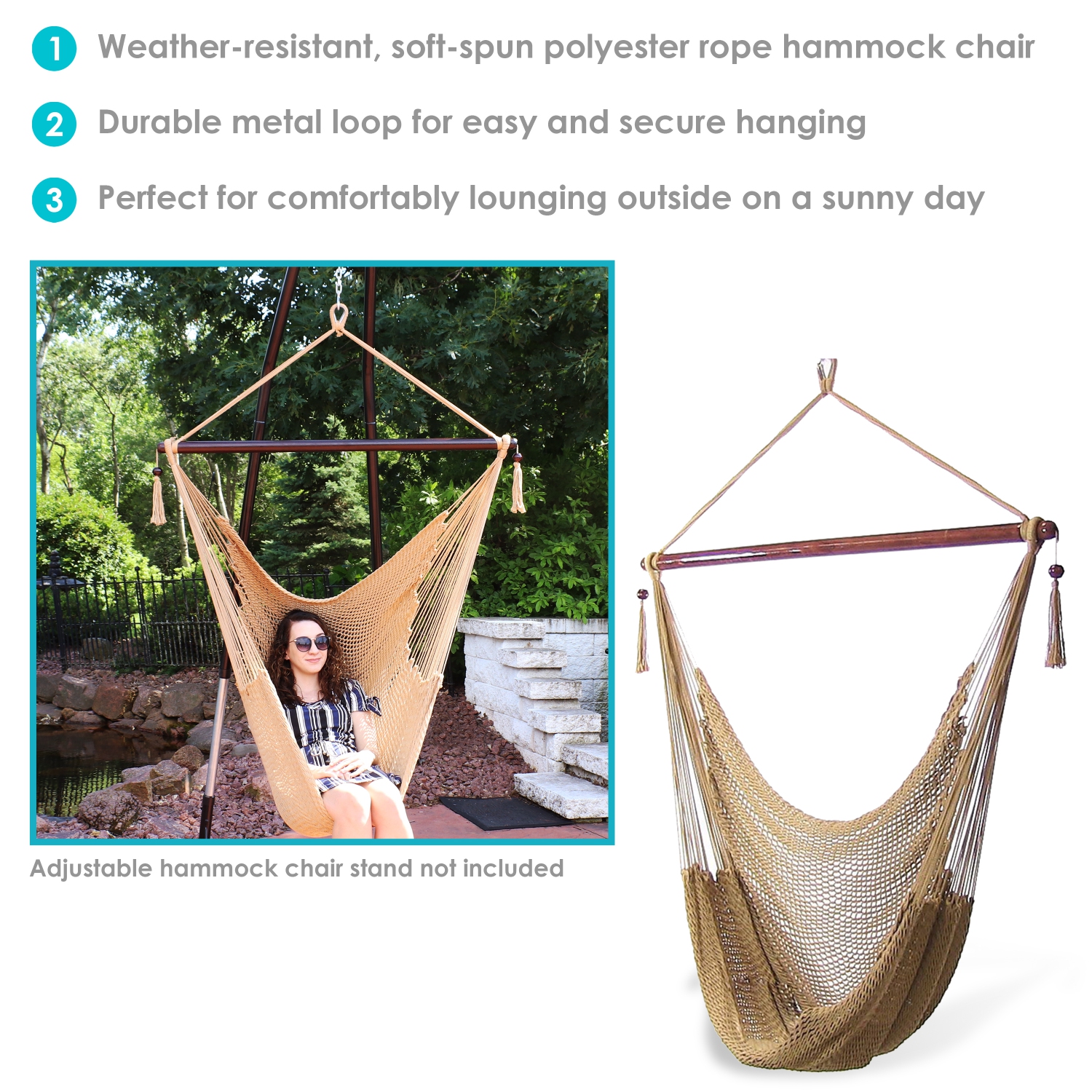 Sunnydaze Extra Large Polyester Rope Hammock Chair and Spreader Bar - Tan