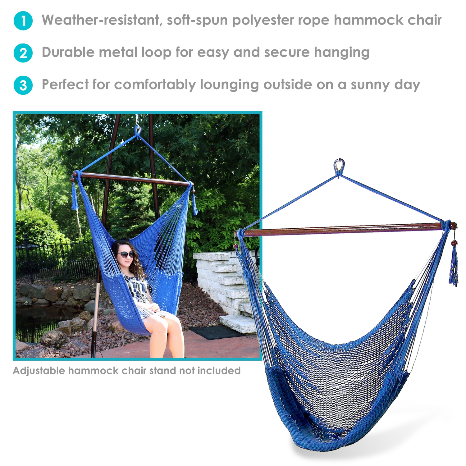Sunnydaze Extra Large Polyester Rope Hammock Chair and Spreader Bar - Blue