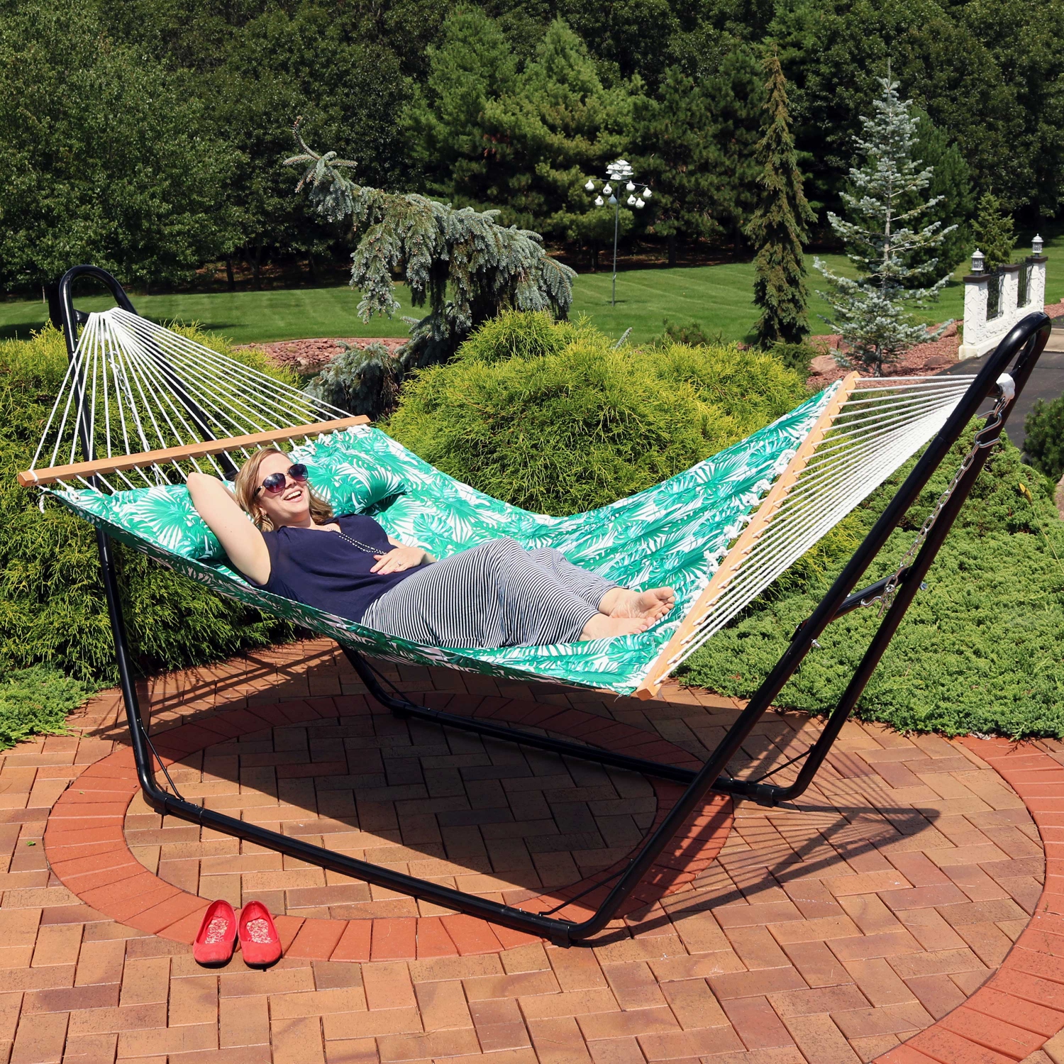 Sunnydaze Large Quilted Hammock with Spreader Bar and Pillow - Palm Leaves