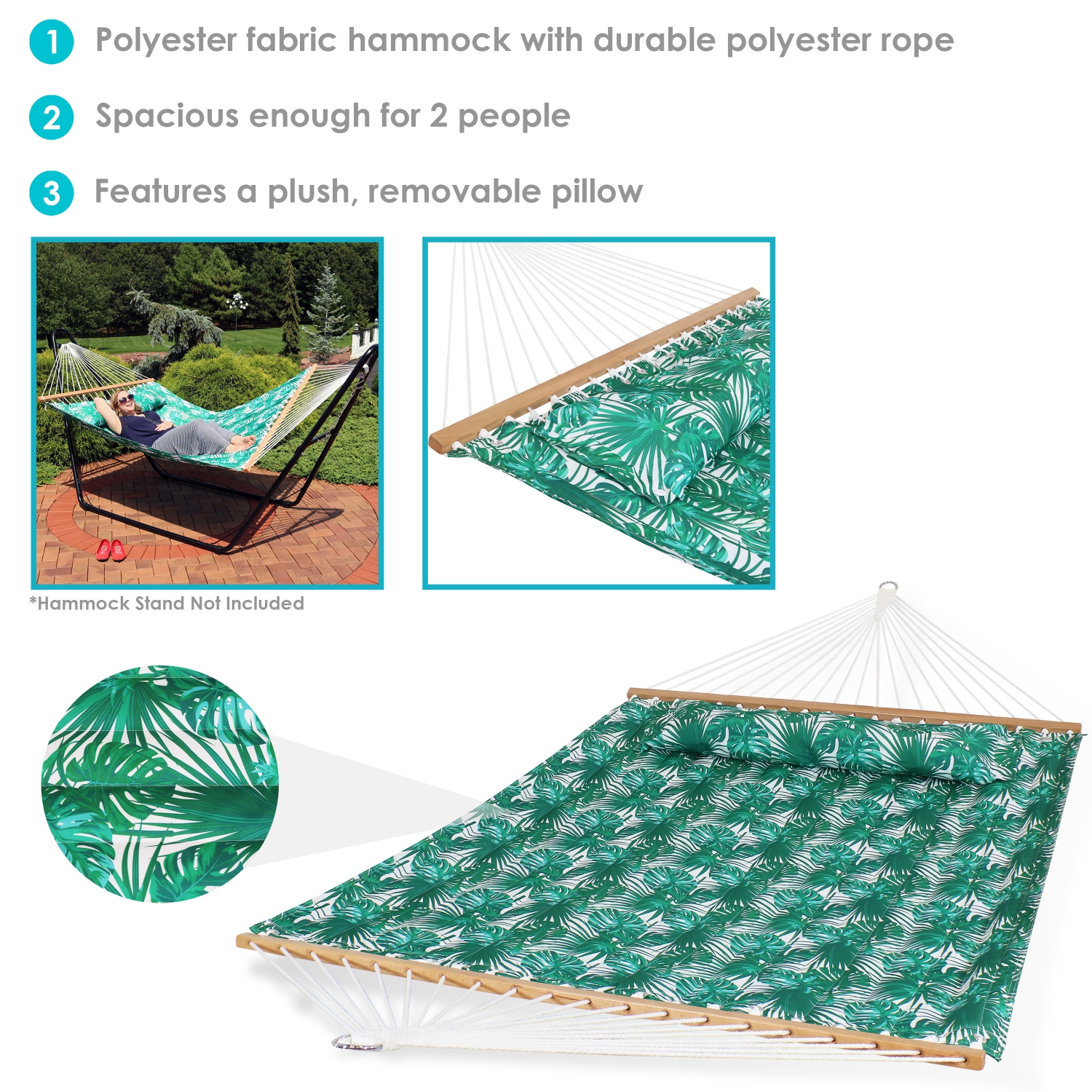 Sunnydaze Large Quilted Hammock with Spreader Bar and Pillow - Palm Leaves