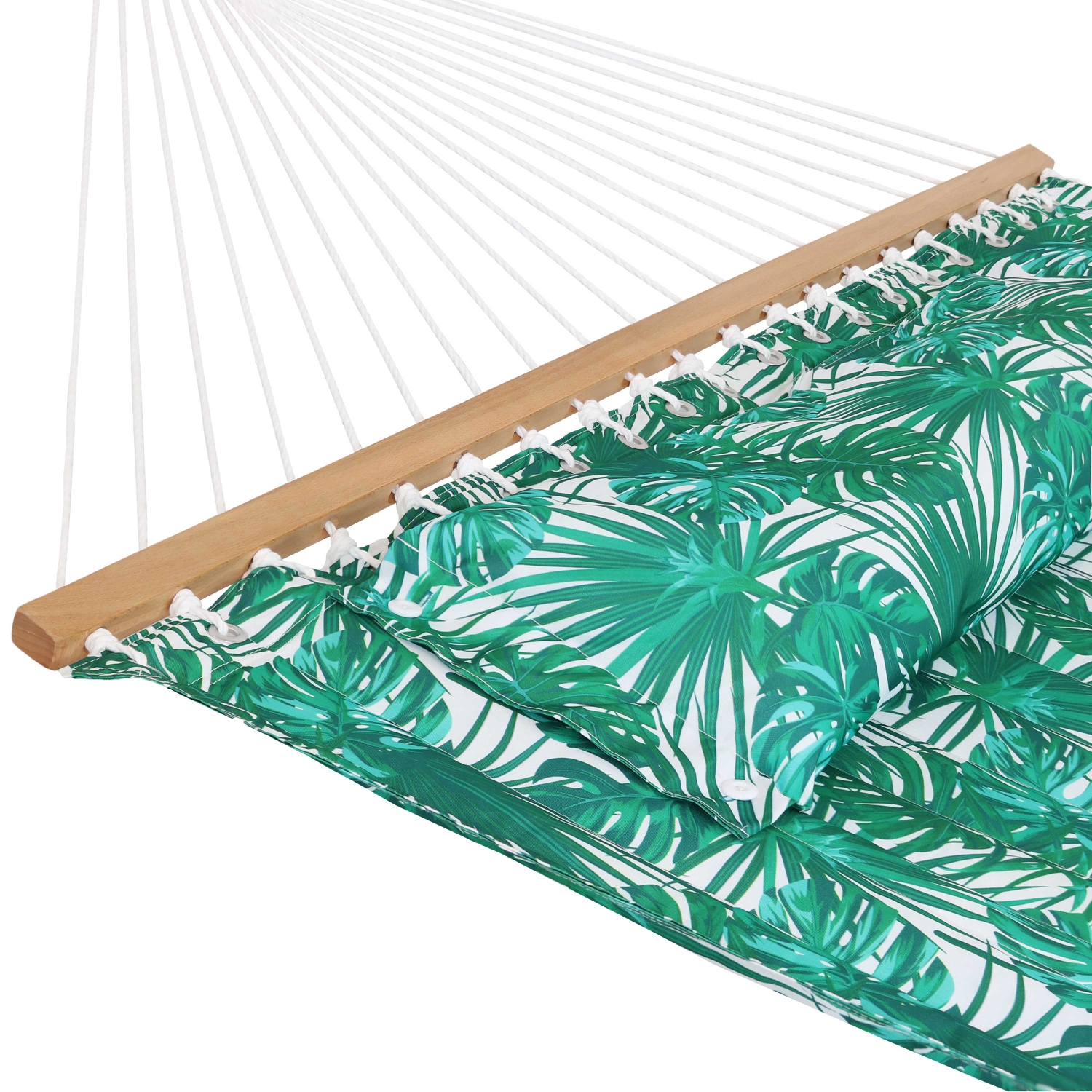 Sunnydaze Large Quilted Hammock with Spreader Bar and Pillow - Palm Leaves