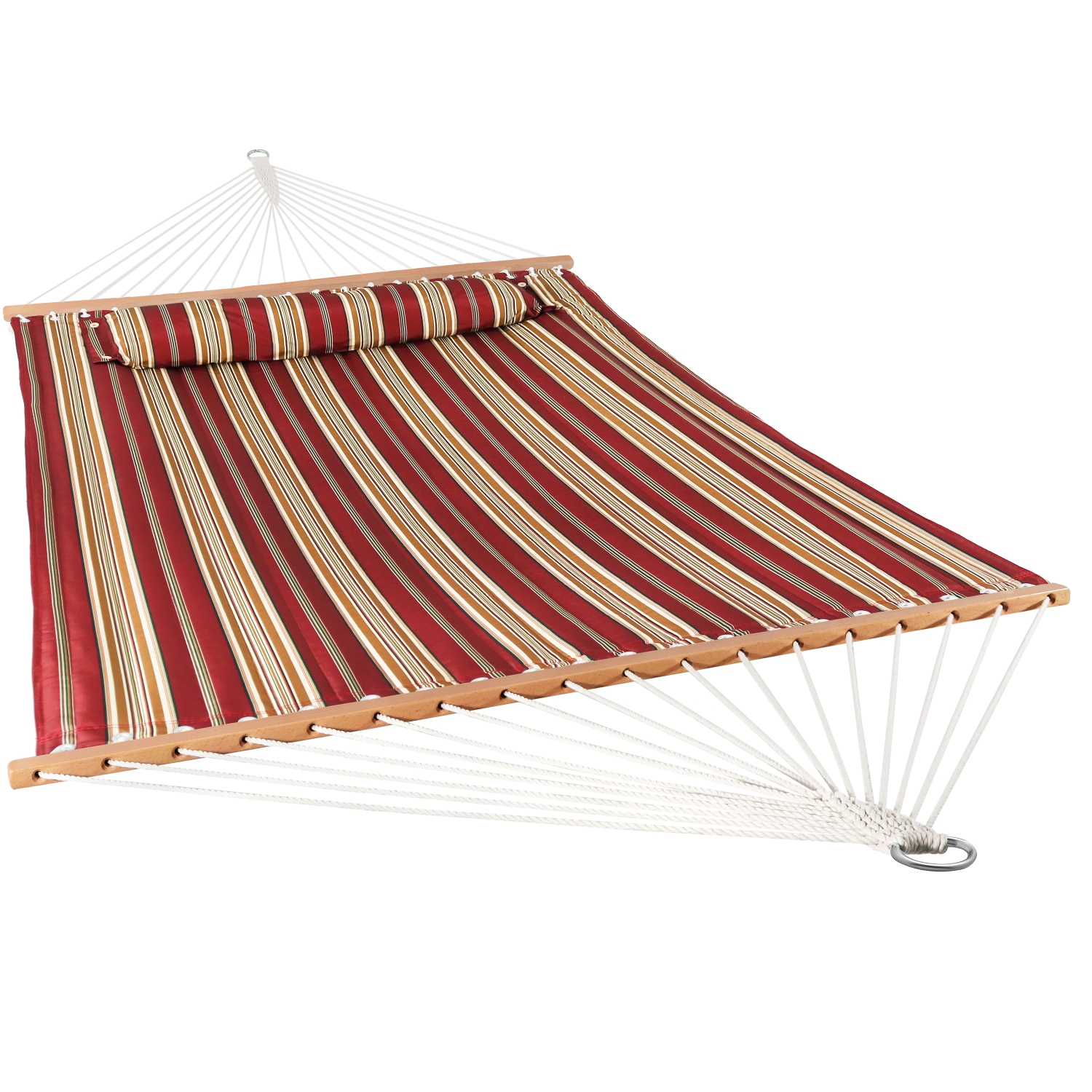Sunnydaze Large Quilted Hammock with Spreader Bar and Pillow - Red Stripe