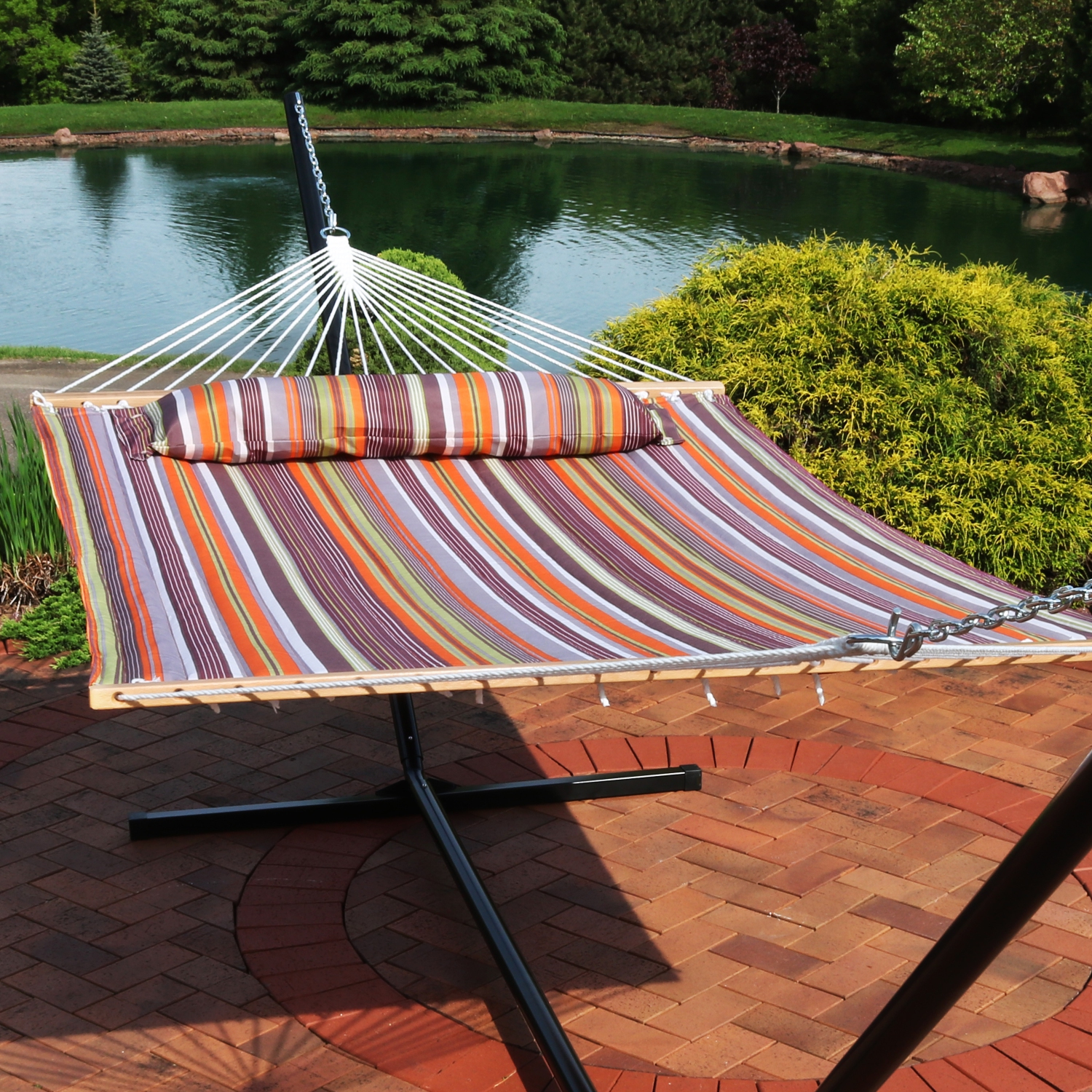 Sunnydaze Large Quilted Hammock with Spreader Bars and Pillow - Sunset