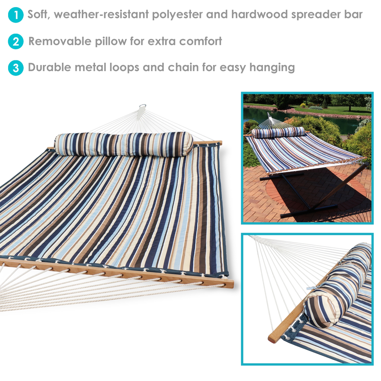 Sunnydaze Large Quilted Hammock with Spreader Bar and Pillow - Ocean Isle