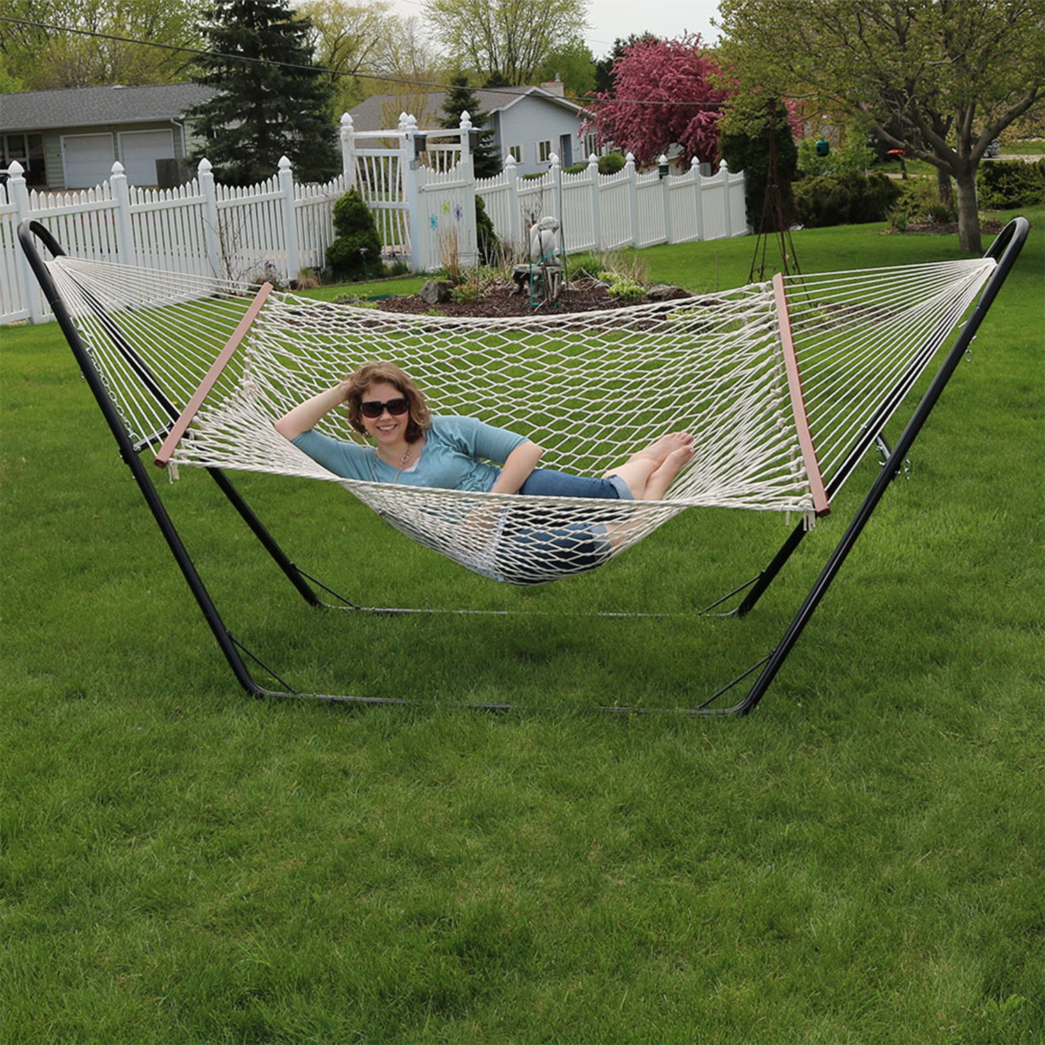 Sunnydaze Large Cotton Hammock with Universal Steel Stand - Calming Desert