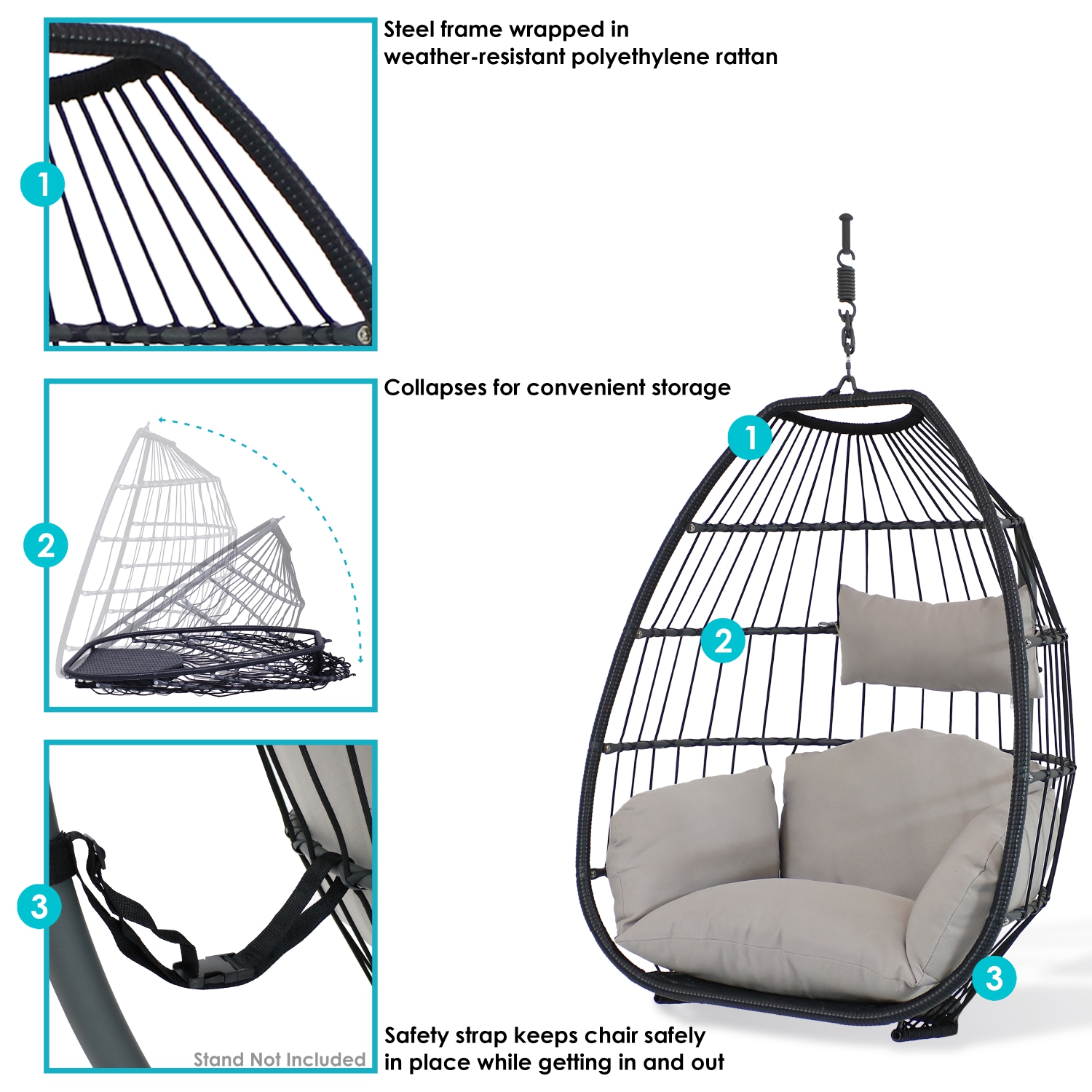 Sunnydaze Large Black Resin Wicker Hanging Egg Chair with Cushions - Gray