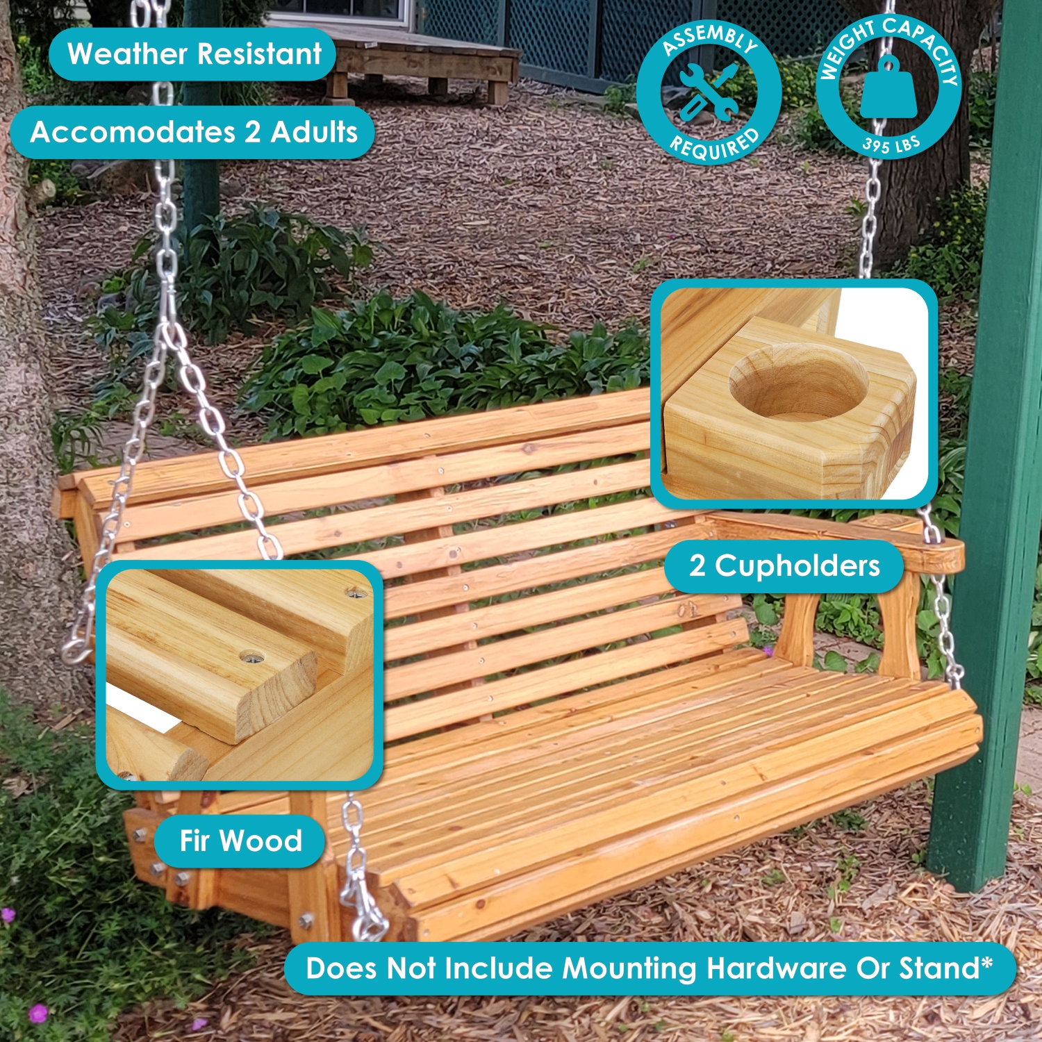 Sunnydaze 2-Person Wooden Porch Swing with Armrests/Chains - Traditional