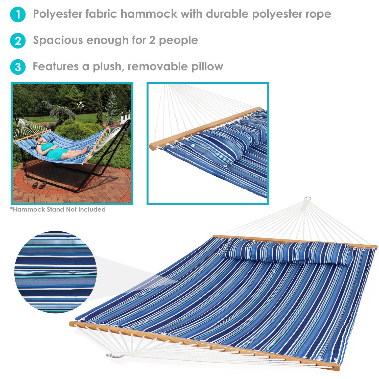 Sunnydaze Large Quilted Hammock with Spreader Bar and Pillow - Blue Stripe