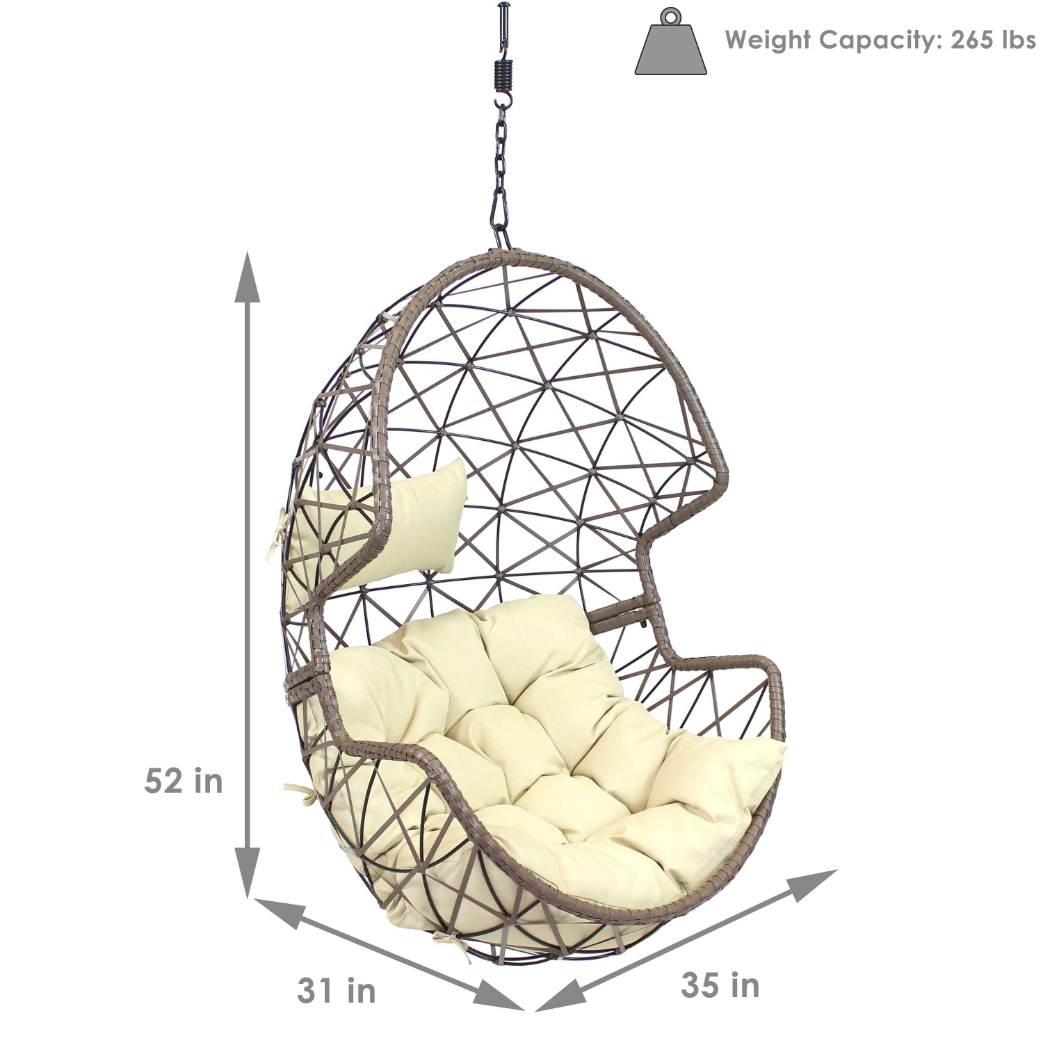 Sunnydaze Resin Wicker Basket Hanging Egg Chair with Cushions - Beige