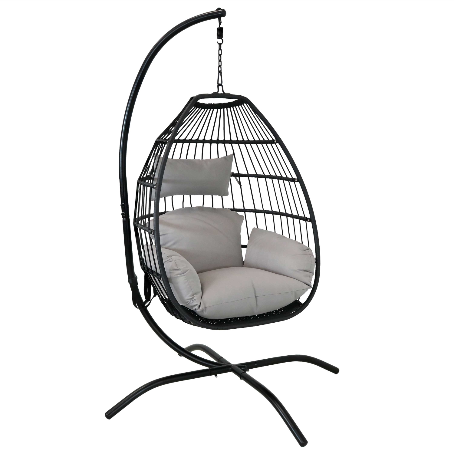 Sunnydaze Resin Wicker Hanging Egg Chair with Steel Stand/Cushions - Gray