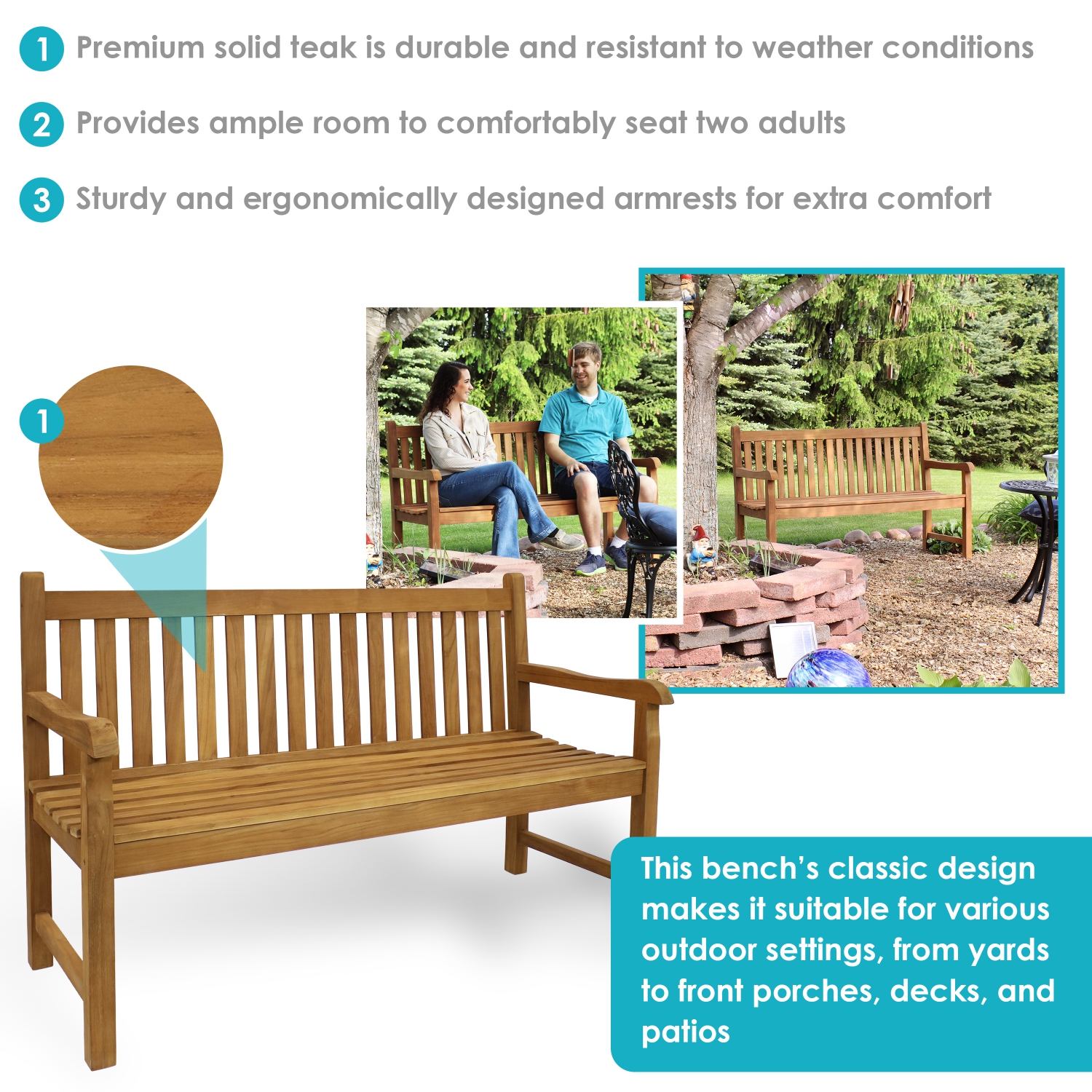 Sunnydaze 2-Person Mission Style Solid Teak Wood Outdoor Garden Bench