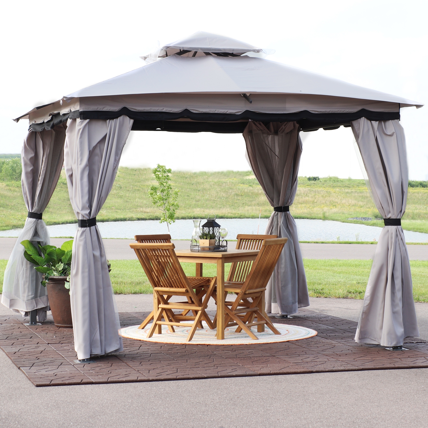 Sunnydaze 10 ft x 10 ft Soft Top Polyester Gazebo with Privacy Wall - Gray