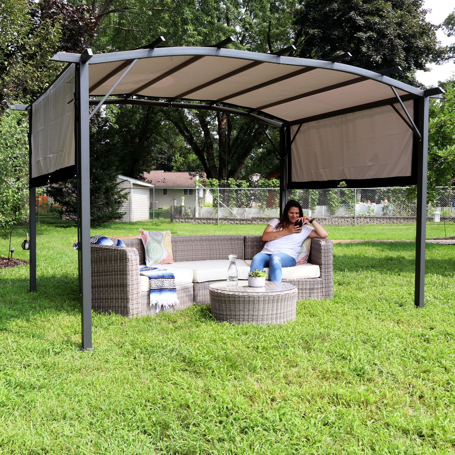 Sunnydaze 9 ft x 12 ft Metal Arched Pergola with Retractable Canopy - Gray