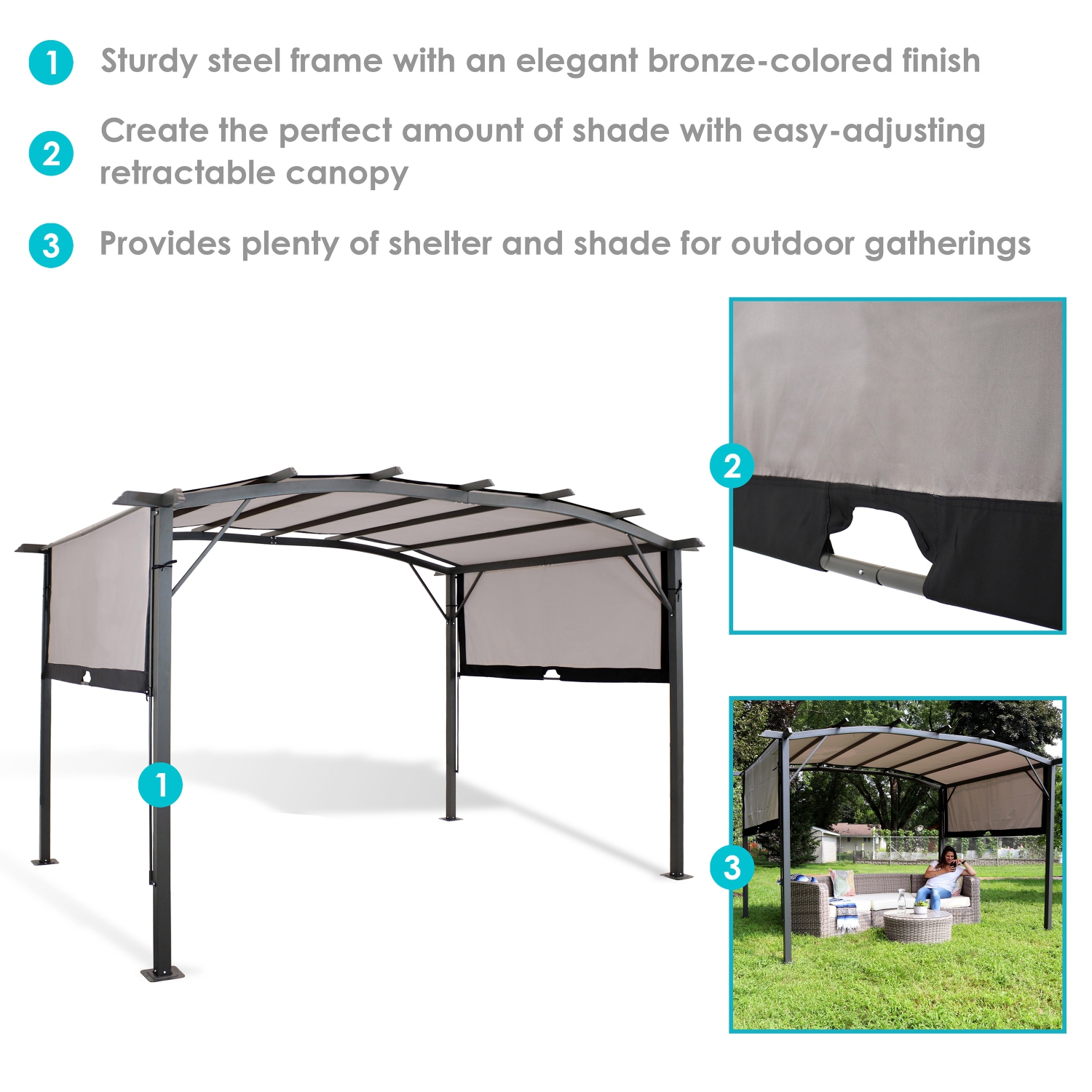 Sunnydaze 9 ft x 12 ft Metal Arched Pergola with Retractable Canopy - Gray