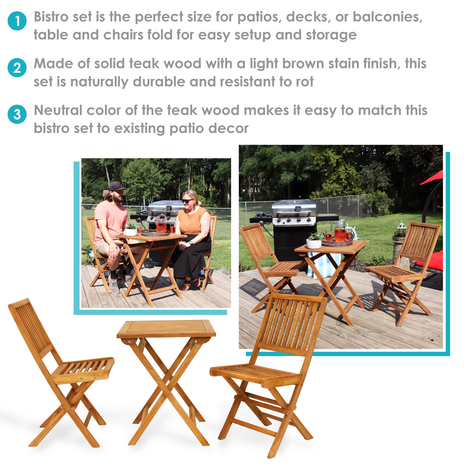 Sunnydaze Nantasket Solid Teak Wood 3-Piece Folding Bistro Set - Brown