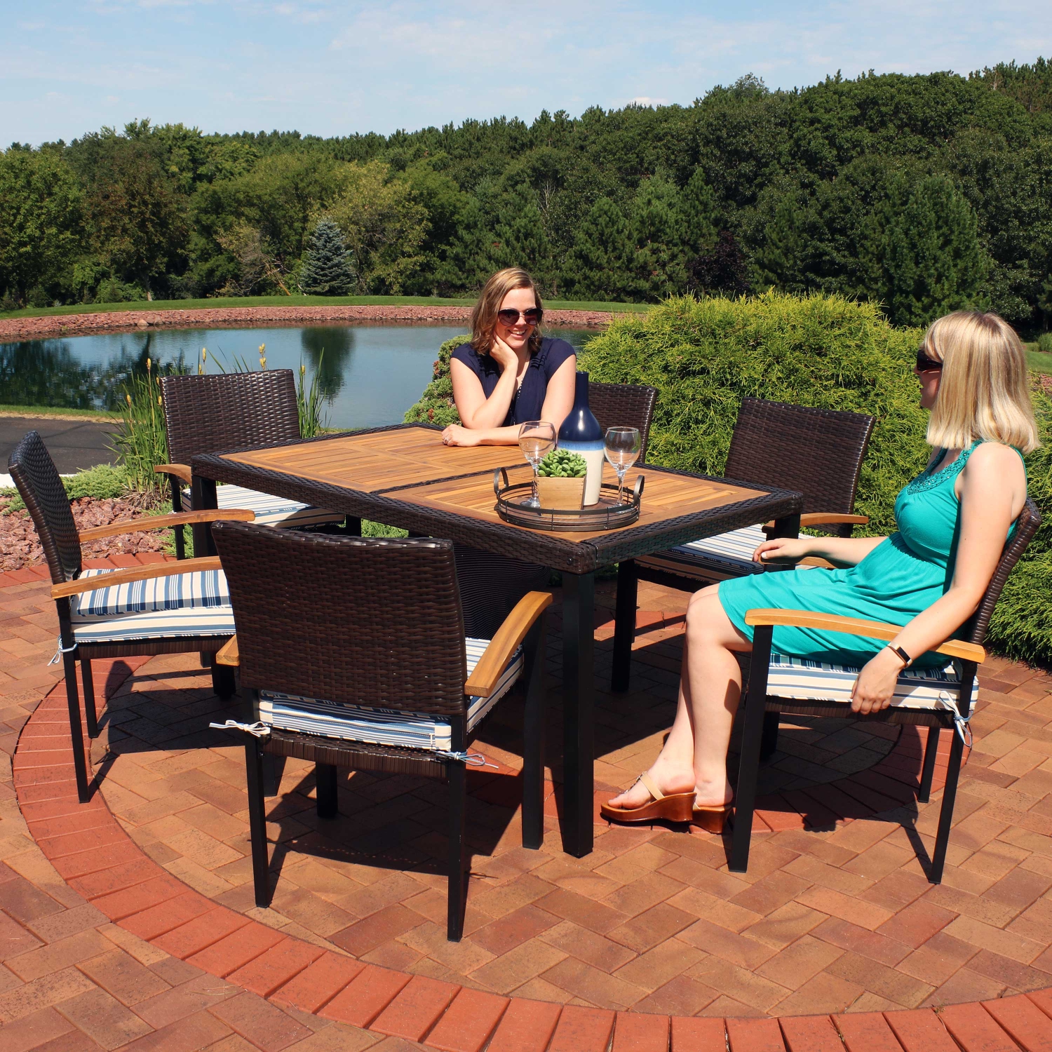Sunnydaze Carlow Resin Wicker 7-Piece Patio Dining Set - Brown/Blue Stripe