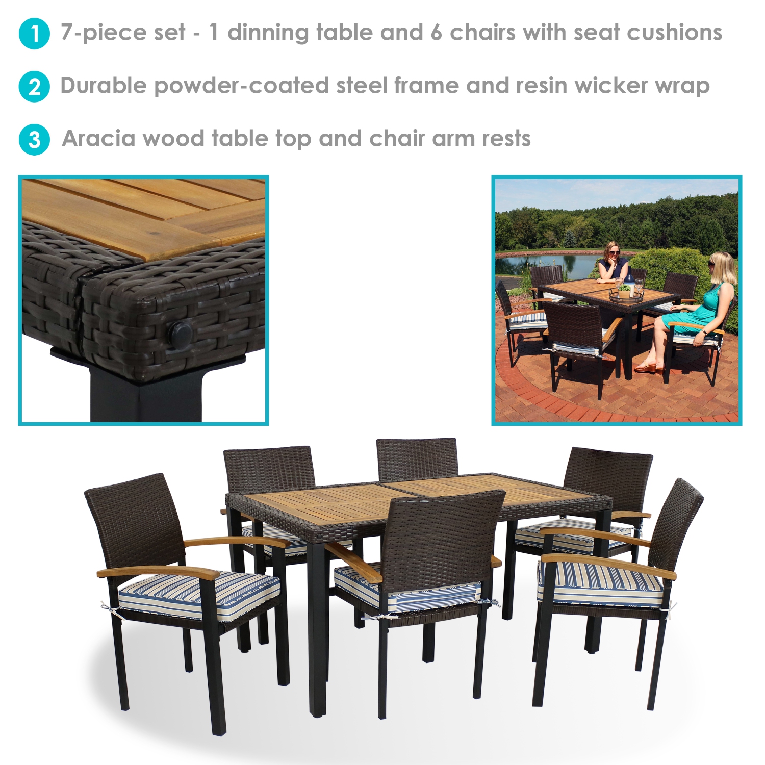 Sunnydaze Carlow Resin Wicker 7-Piece Patio Dining Set - Brown/Blue Stripe