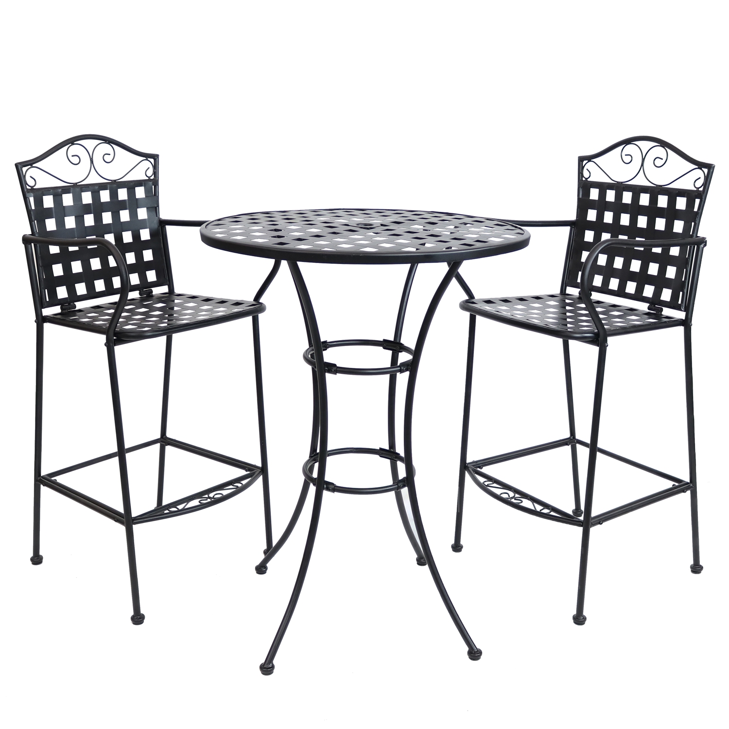 Sunnydaze Scrolling Wrought Iron Patio Bar-Height Table and Chairs - Black