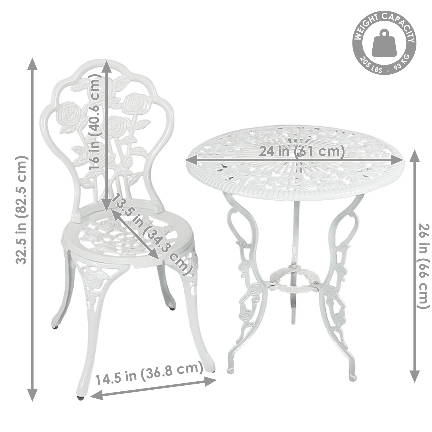 Sunnydaze Flower Design Cast Aluminum 3-Piece Patio Bistro Set - White