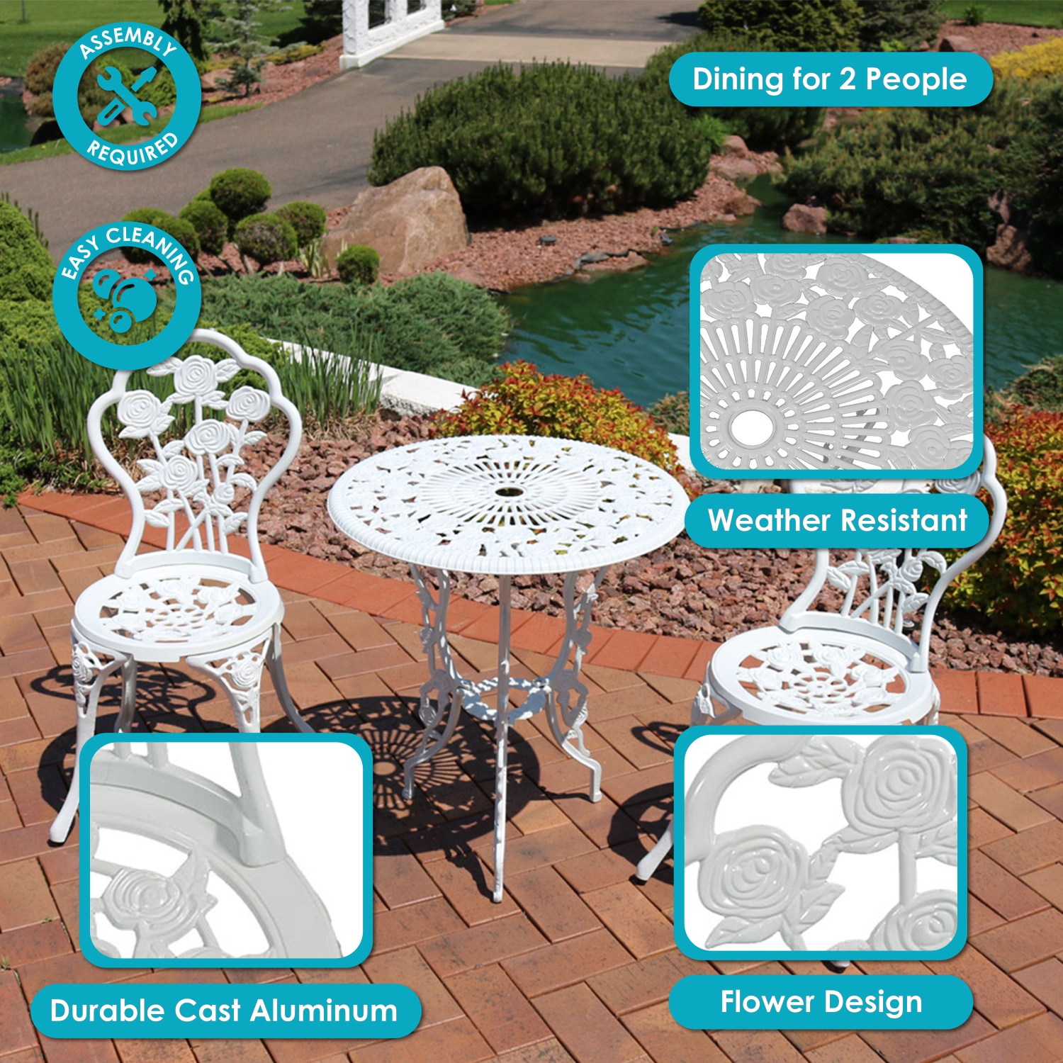 Sunnydaze Flower Design Cast Aluminum 3-Piece Patio Bistro Set - White