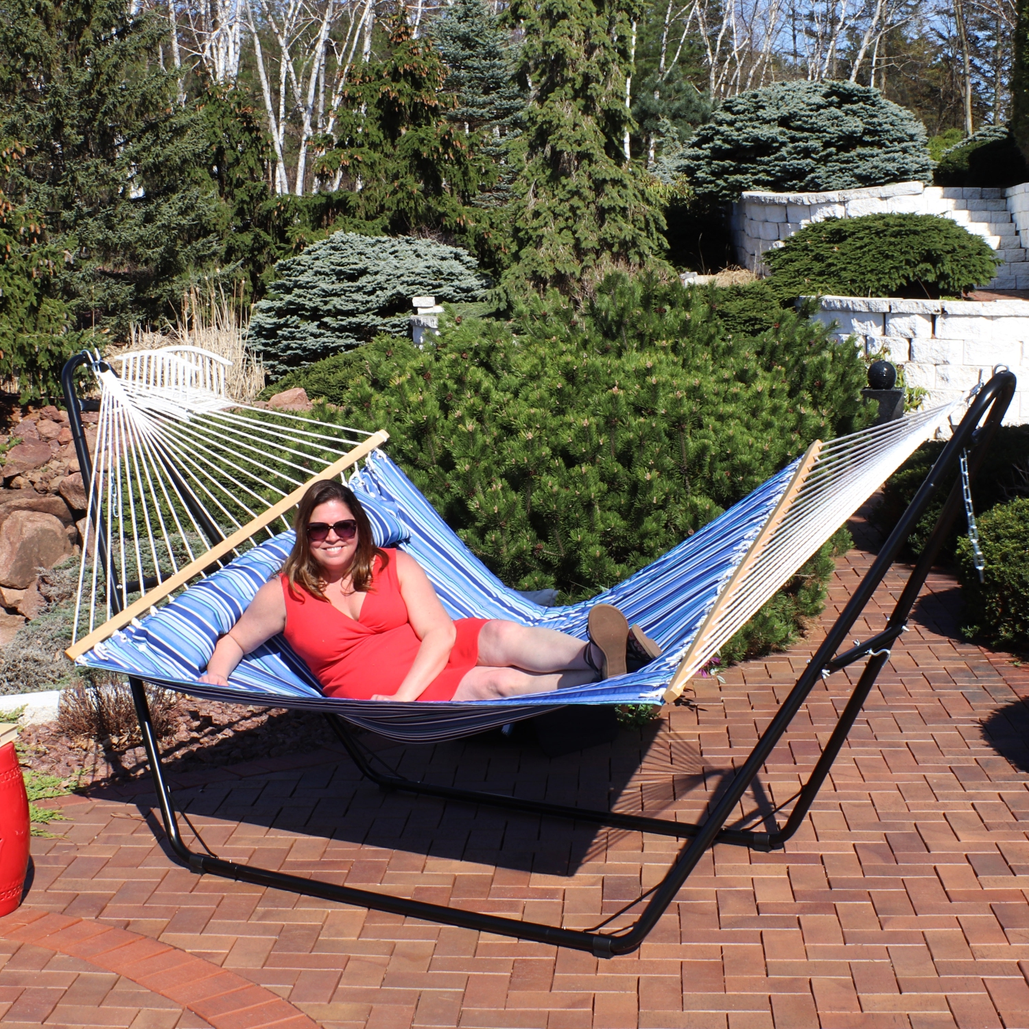 Sunnydaze Large Quilted Hammock with Universal Steel Stand - Catalina Beach