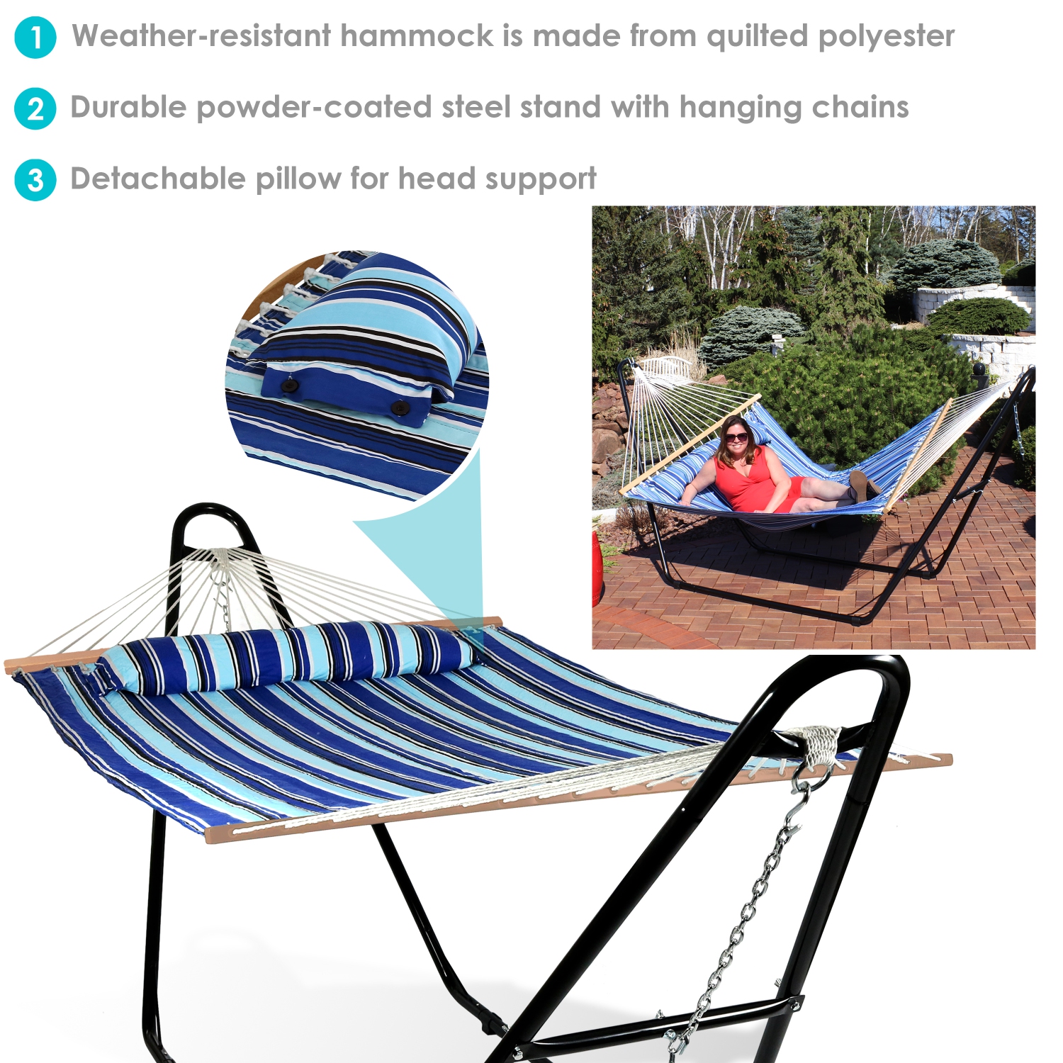 Sunnydaze Large Quilted Hammock with Universal Steel Stand - Catalina Beach