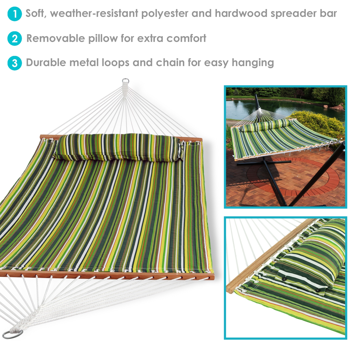Sunnydaze Large Quilted Hammock with Spreader Bar and Pillow - Melon Stripe