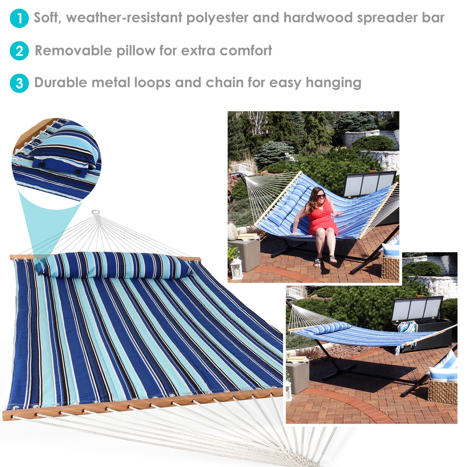 Sunnydaze Large Quilted Fabric Hammock with Spreader Bar and Pillow - Beach