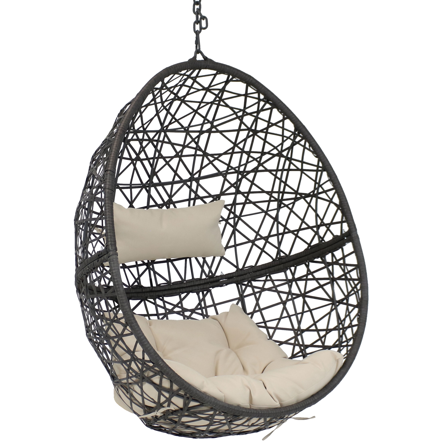 Sunnydaze Black Resin Wicker Hanging Egg Chair with Cushions - Beige