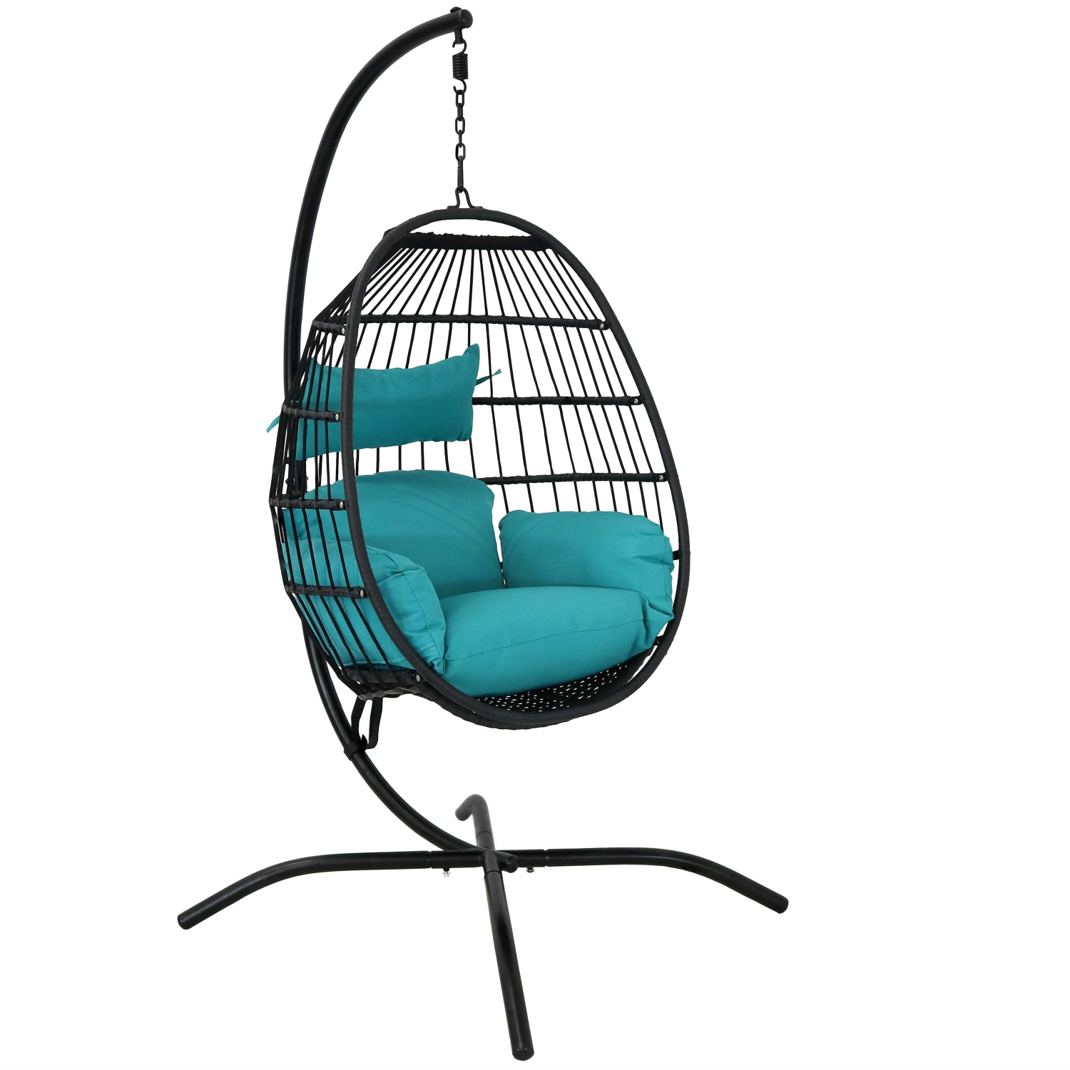 Sunnydaze Resin Wicker Hanging Egg Chair with Steel Stand/Cushion - Teal