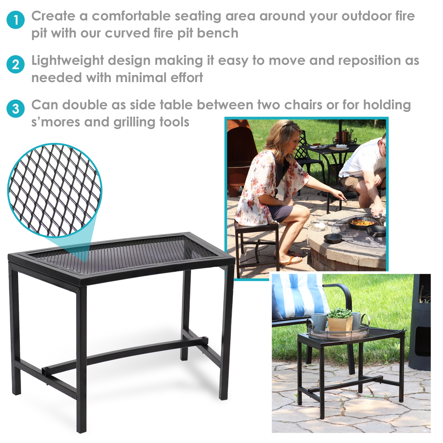 Sunnydaze Mesh Metal Patio Curved Fire Pit Bench - Black - Set of 4