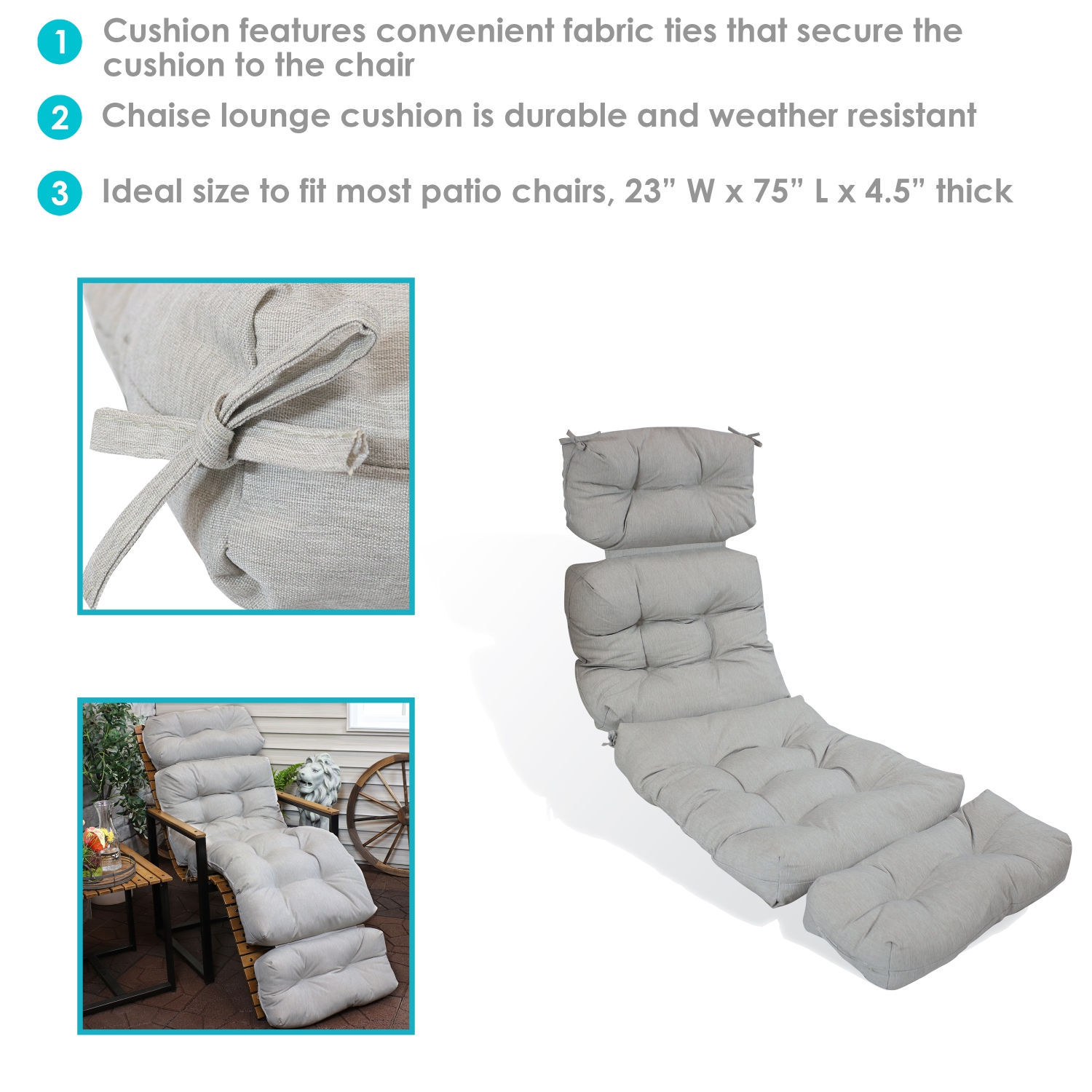 Sunnydaze Indoor/Outdoor Olefin Tufted Chaise Lounge Chair Cushions - Gray