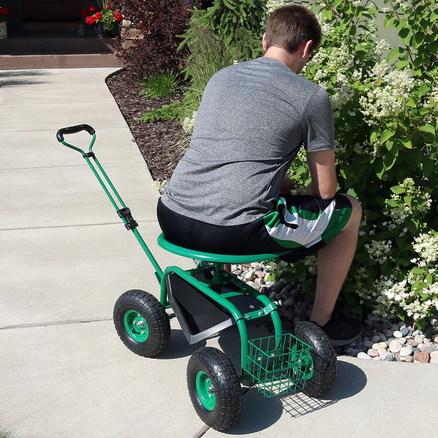 Sunnydaze Steel Rolling Garden Cart with Extended Swivel/Basket - Green