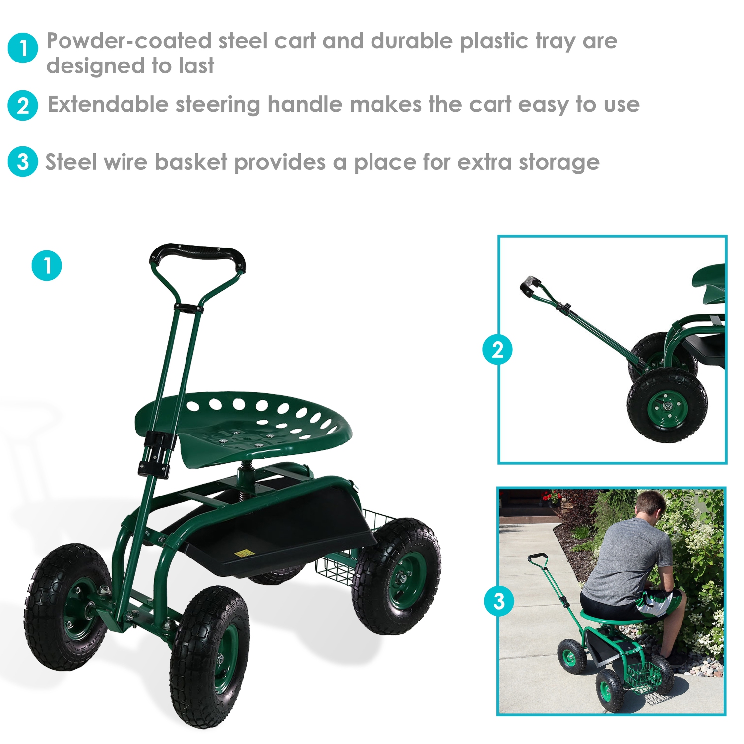 Sunnydaze Steel Rolling Garden Cart with Extended Swivel/Basket - Green