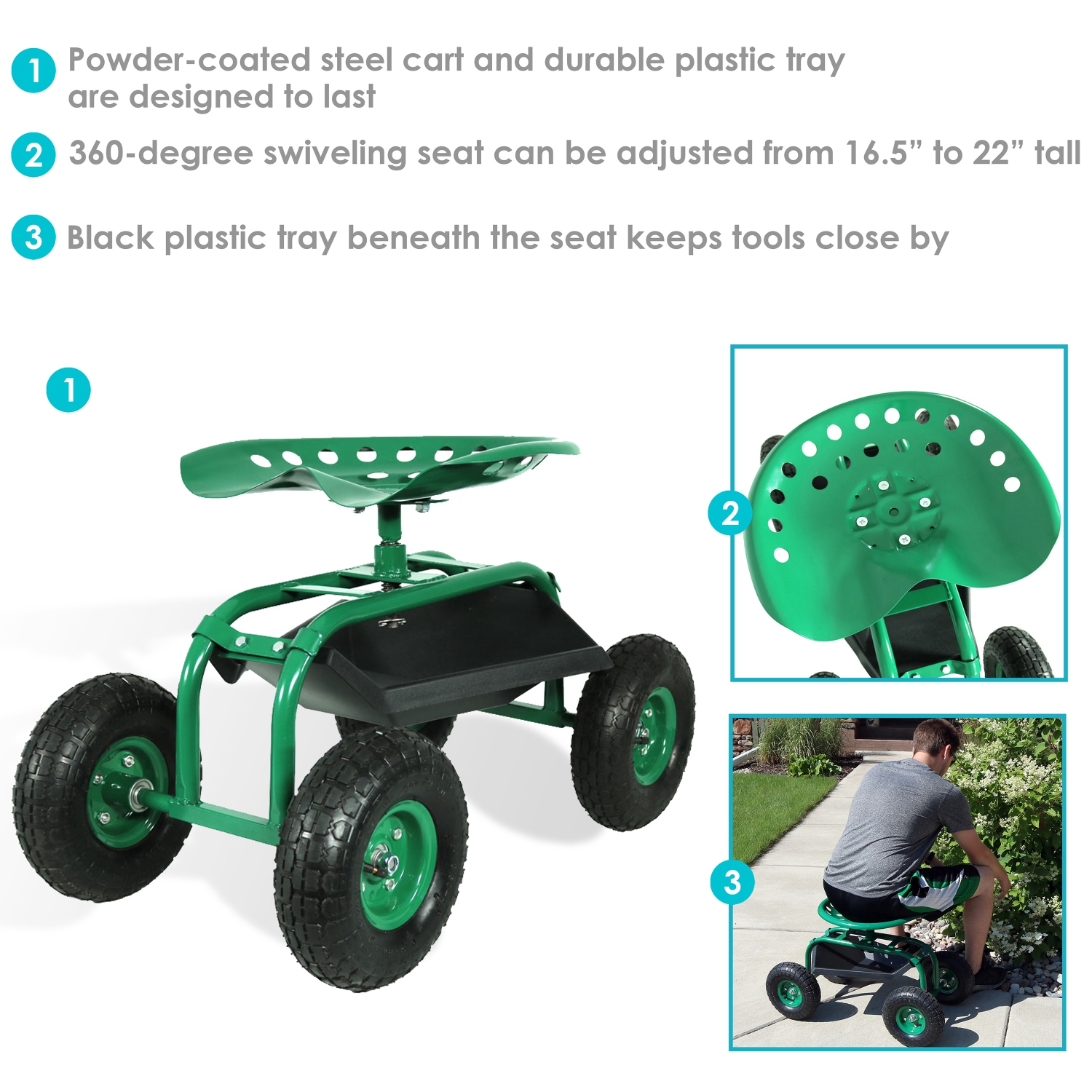 Sunnydaze Steel Rolling Garden Cart with Swivel Steering/Tray - Green
