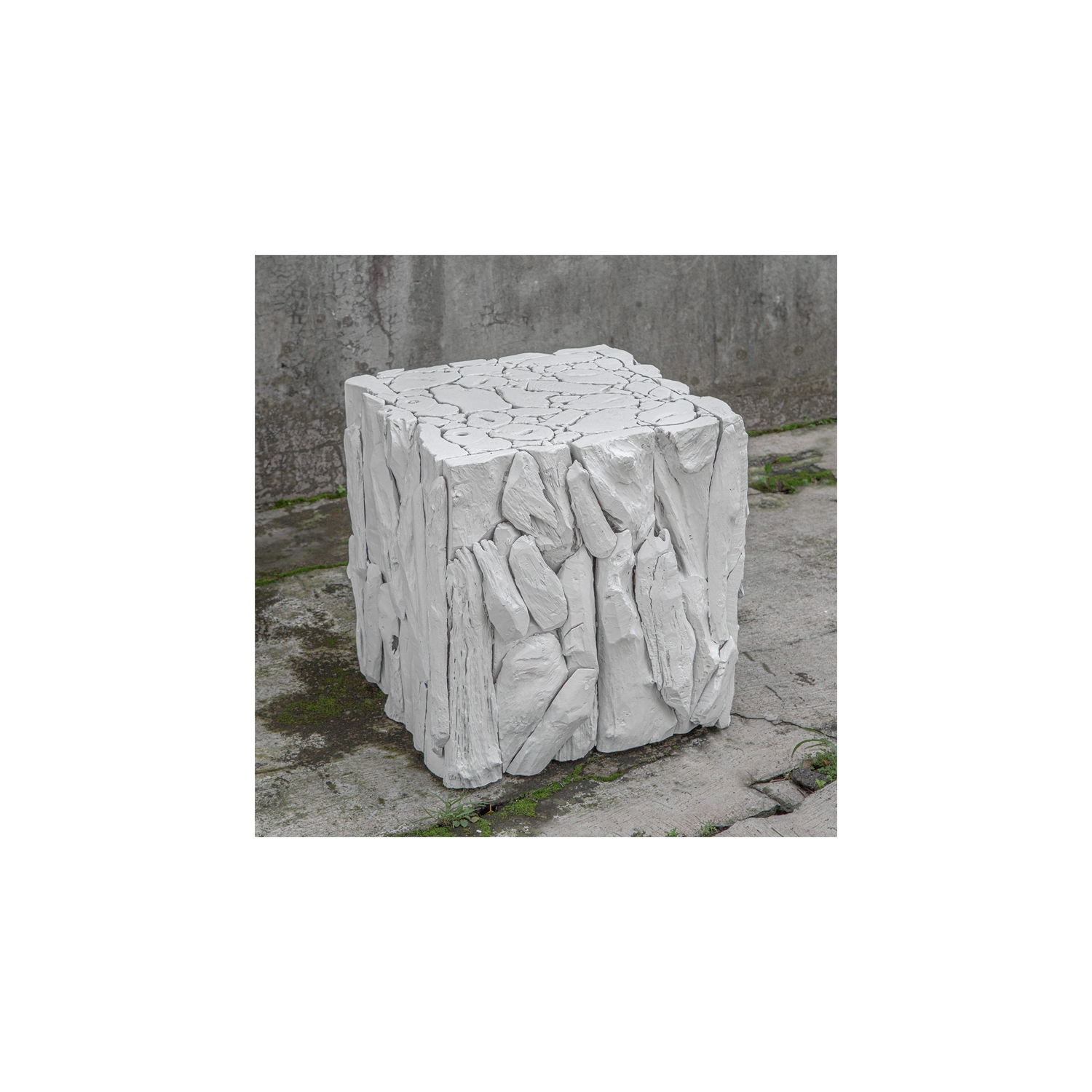 Uttermost Teak Root Farmhouse Teak Wood Bunching Cube in Whitewashed Finish