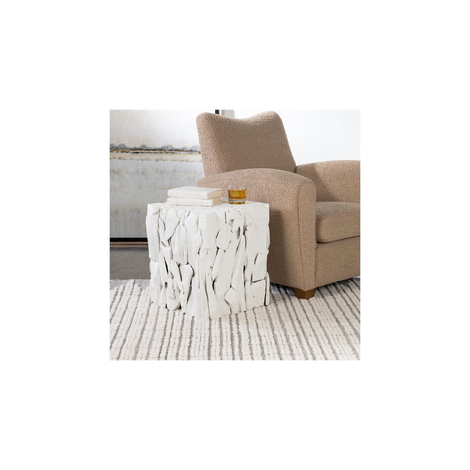 Uttermost Teak Root Farmhouse Teak Wood Bunching Cube in Whitewashed Finish