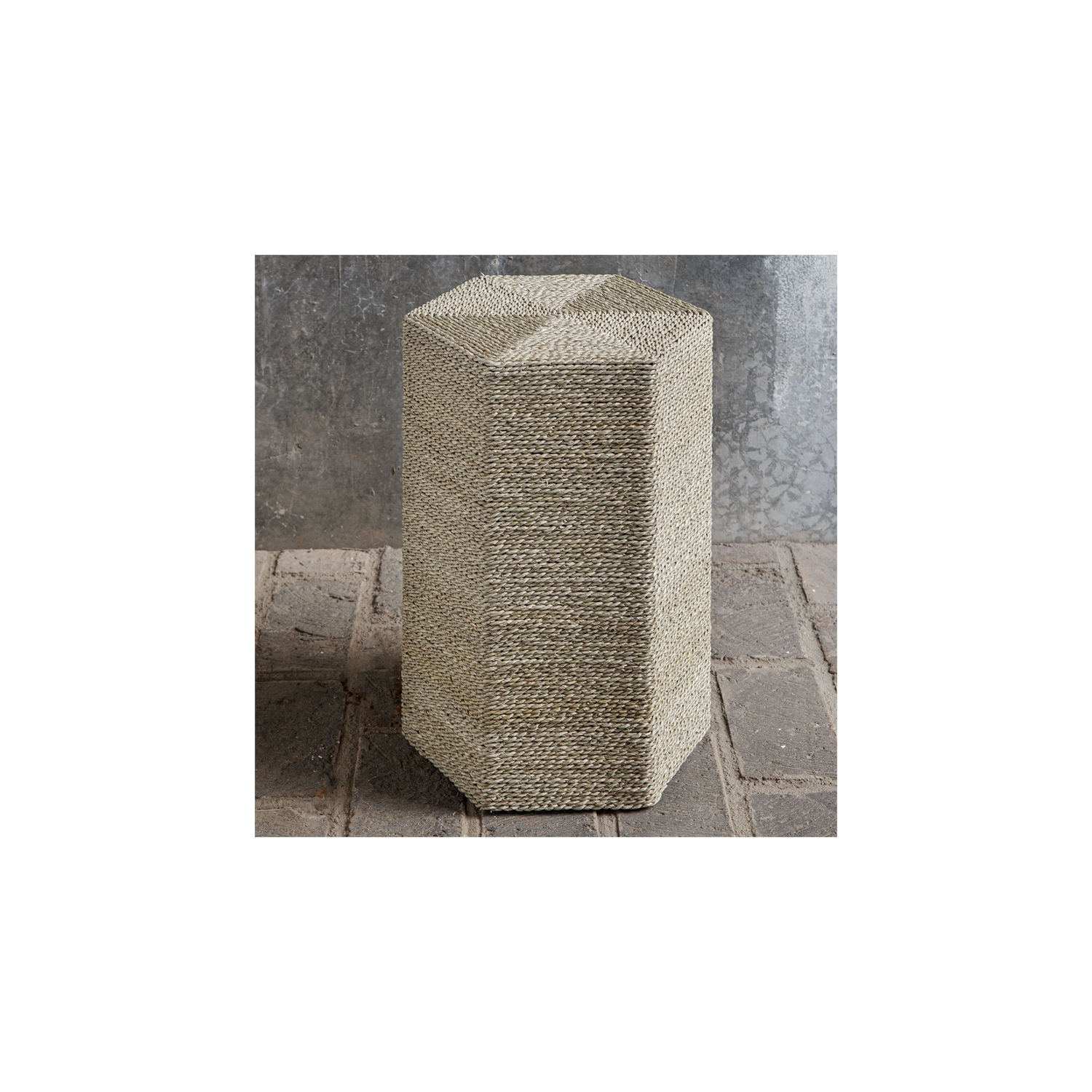 Uttermost Sea Farmhouse Wood and Seagrass Braid Accent Table in Brown