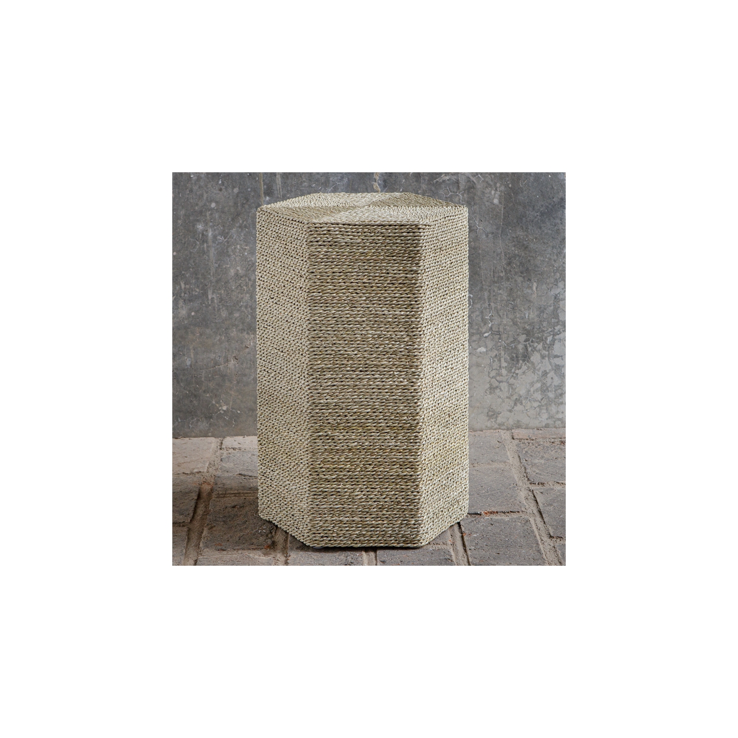 Uttermost Sea Farmhouse Wood and Seagrass Braid Accent Table in Brown