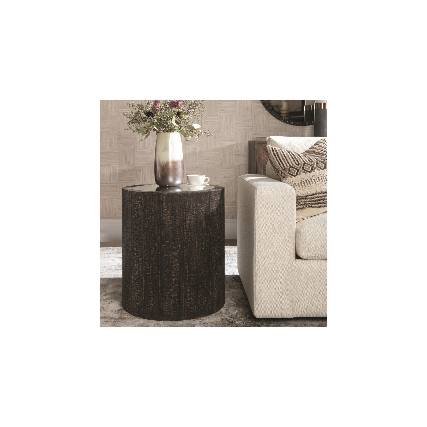 Uttermost Sequoia Farmhouse Wood Mirrored Drum Table in Rustic Dark Walnut