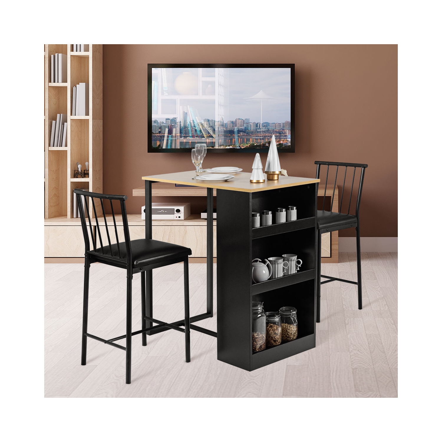 Topbuy 3-Piece Counter Table Set Bar Pub Dining Table Set with 3 Side Storage Oak/Brown